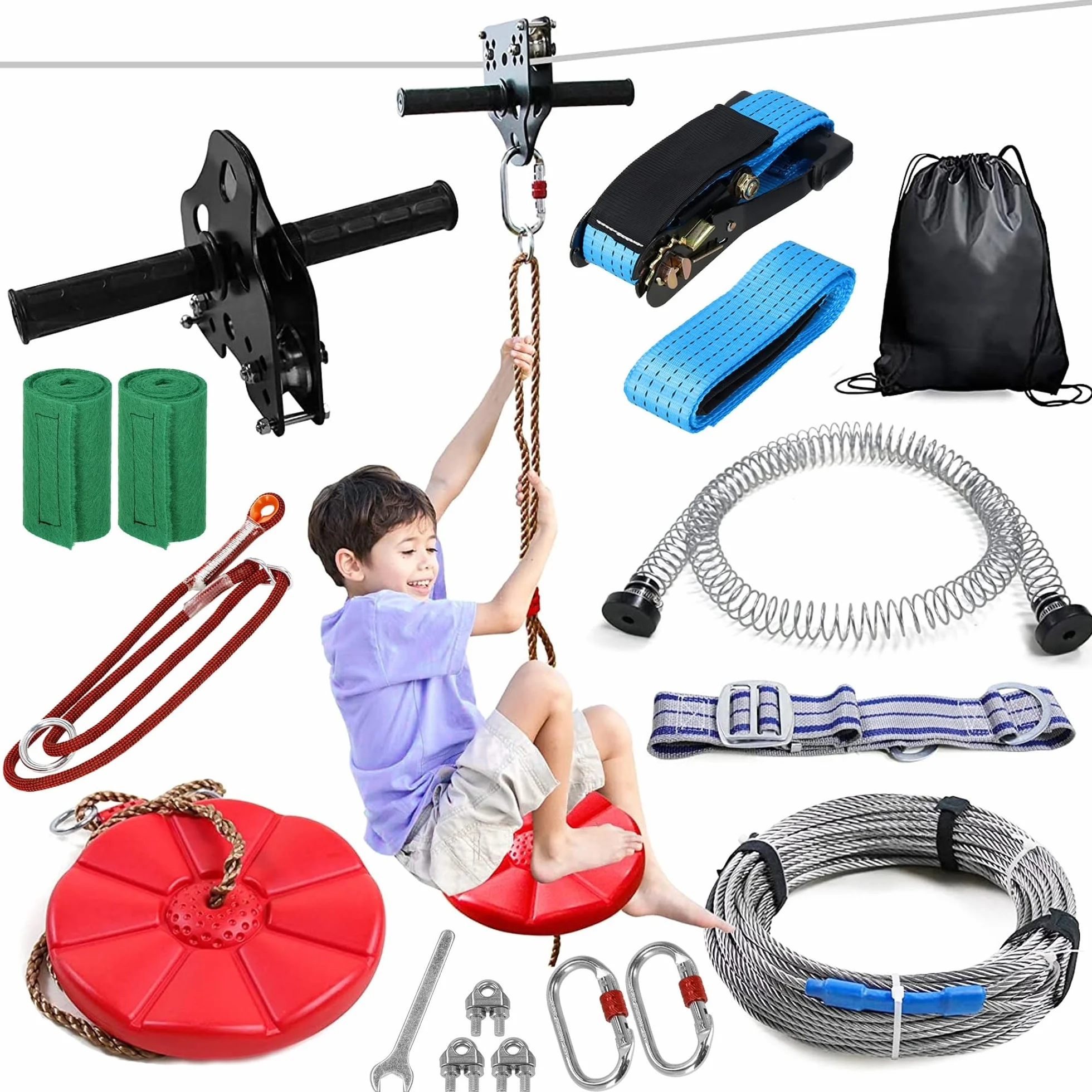 SPRINGOS Seilrutsche 30m für Kinder - Seilbahn Zipleine Set mit Rutschenwagen, Sitz, Sicherheitsbremse & Baumschutz - bis 120 kg - Klettergerät Outdoor