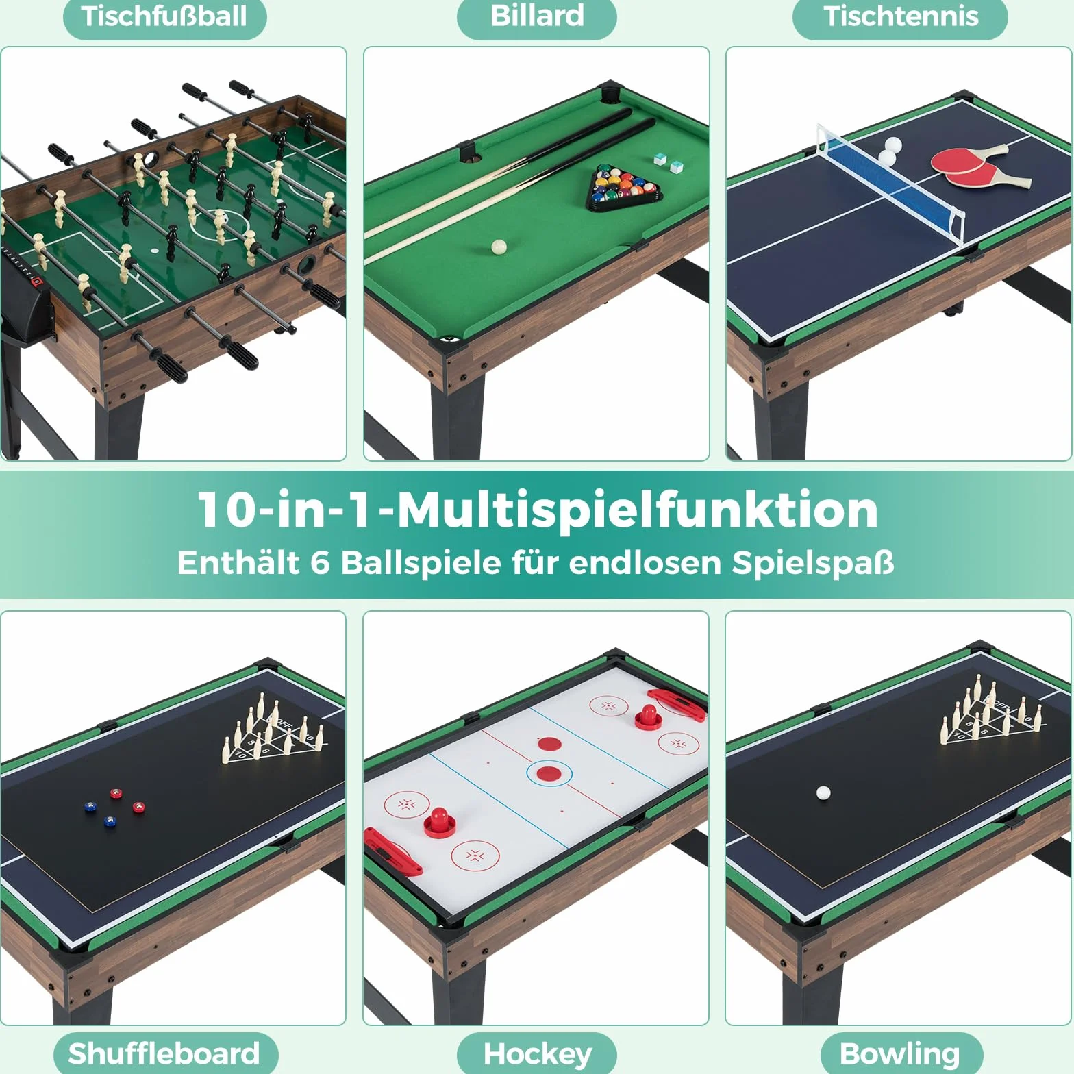 COSTWAY 10 in 1 Multi Spieltisch, Multifunktionstisch mit Tischfußball, Hockey, Billard, Shuffleboard, Bowling & 4 Brettspiele, Kombi-Tisch aus Holz Spielzimmer, Tischkicker für Kinder, Erwachsene