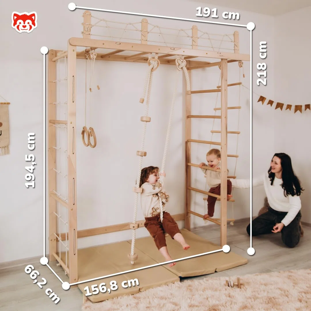 Wood And Hearts Riesige Brücke Schwedische Leiter, sprossenwand, kletterwand kinderzimmer, turnringe, sprossenwand kinderzimmer, Indoor Spielplatz, kletterwand (Natürliche Holzfarbe)