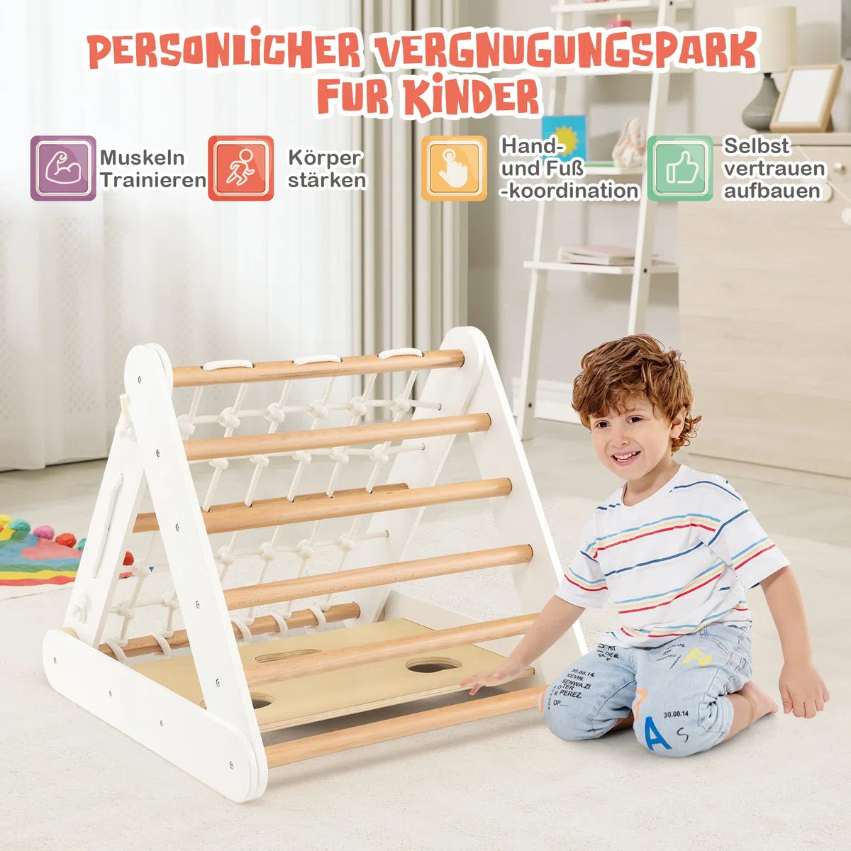 COSTWAY 4 in 1 Kletterdreieck mit Rutsche, Klettergerüst aus Holz, Sprossendreieck zum Rutschen und Klettern, für Kinder ab 1 Jahre (Weiß+Natur)