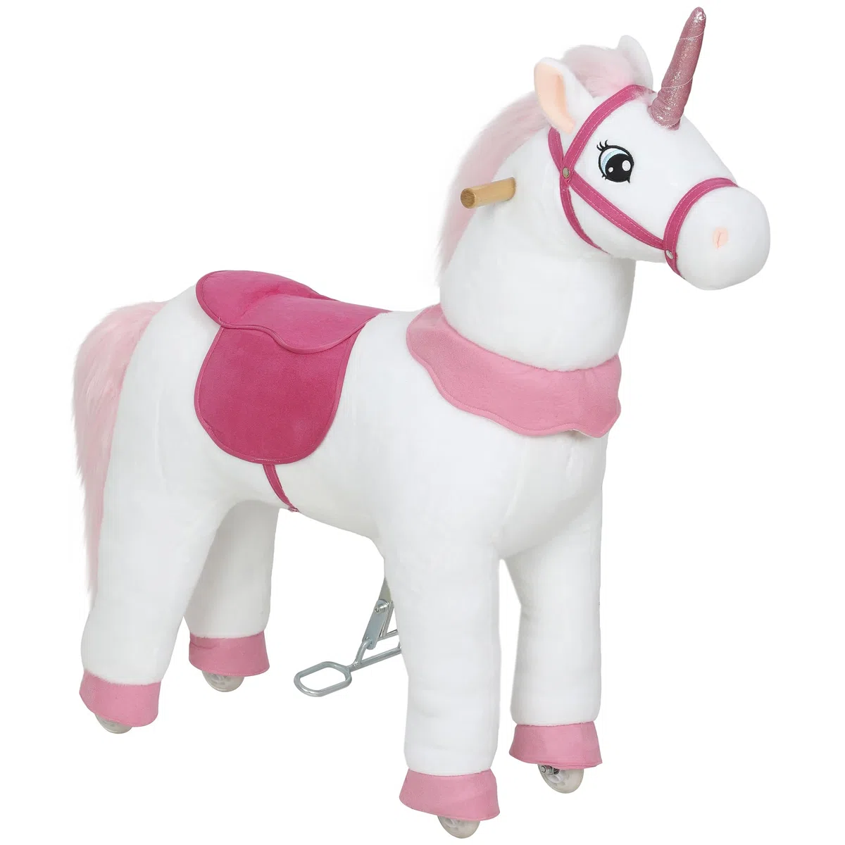 AIYAPLAY Reitpferd auf Rollen Spielpferd zum Reiten Stehpferd mit Einhorn-Design, Plüschpferd für 4-7 Kinder Weiß