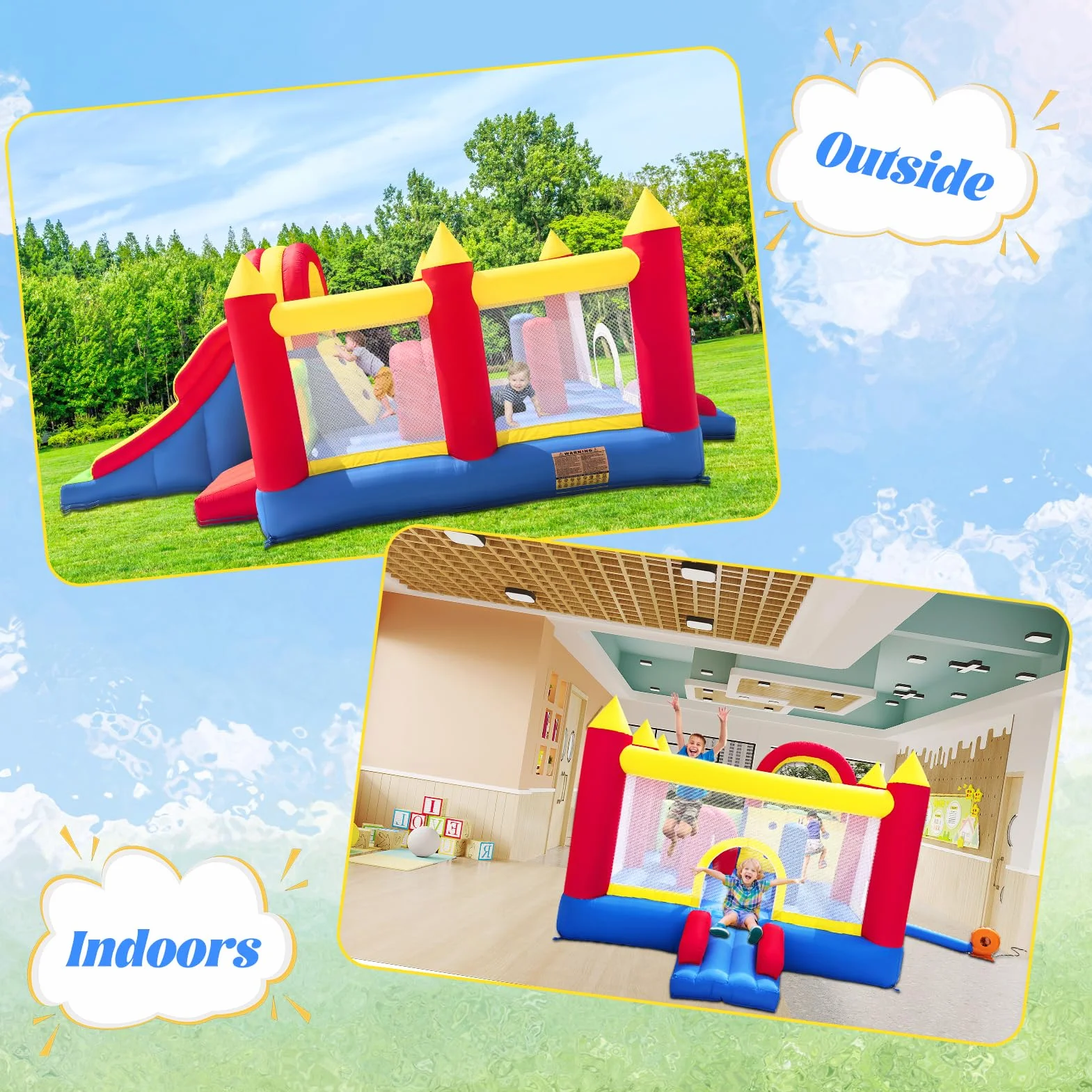Ballsea Hüpfburg XXL - Riesiges aufblasbares Schloss mit großer Rutsche und Trampolin, 592x290x216 cm - Ideal für Kindergeburtstag und Garten (ohne Gebläse)