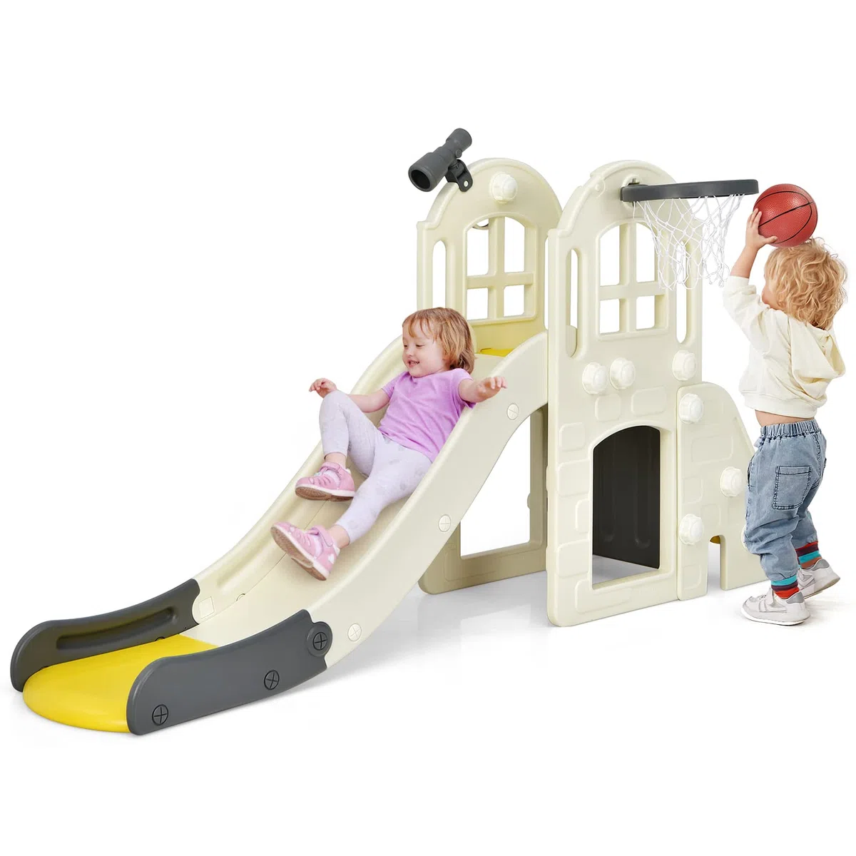COSTWAY Kinder Rutsche, 6 in 1 Kinderrutsche & Leiter & Basketballkorb & Wurfring & Teleskop & Tunnel, Kinder Spielplatz, Rutsch Indoor Outdoor ab 3 Jahre alt (Gelb)