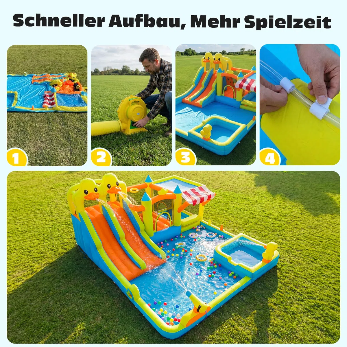 Hapfan Hüpfburg mit Wasserrutsche, 10 in 1 aufblasbare XXL Hüpfburg inkl. Gebläse mit Kletterwand, Springfläche, Wasserpistolen, Splash Pool & Basketballkorb für Kinder, Indoor/Outdoor, 536x436x245