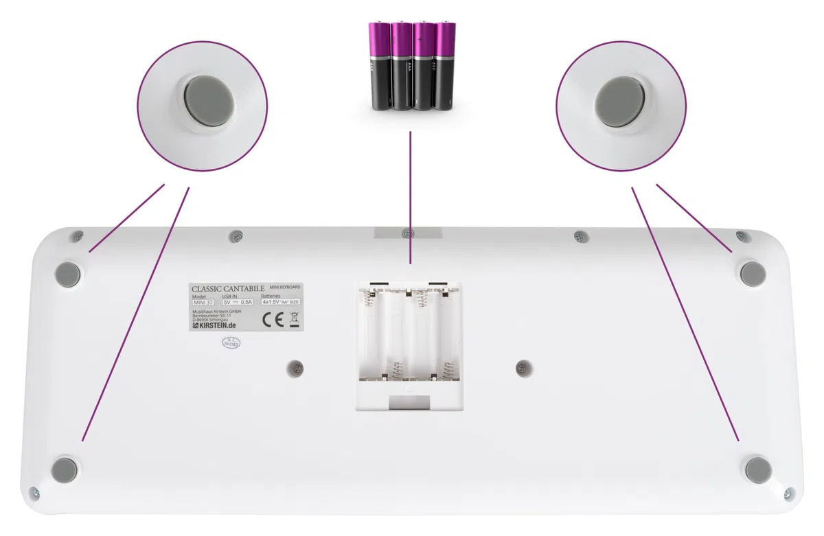 Classic Cantabile MINI-37 Keyboard - 37 Mini-Tasten - Stromversorgung über USB-C oder Batterien - 100 Sounds und Rhythmen - USB-MIDI - Lautsprecher und Kopfhörerausgang - weiß-pink