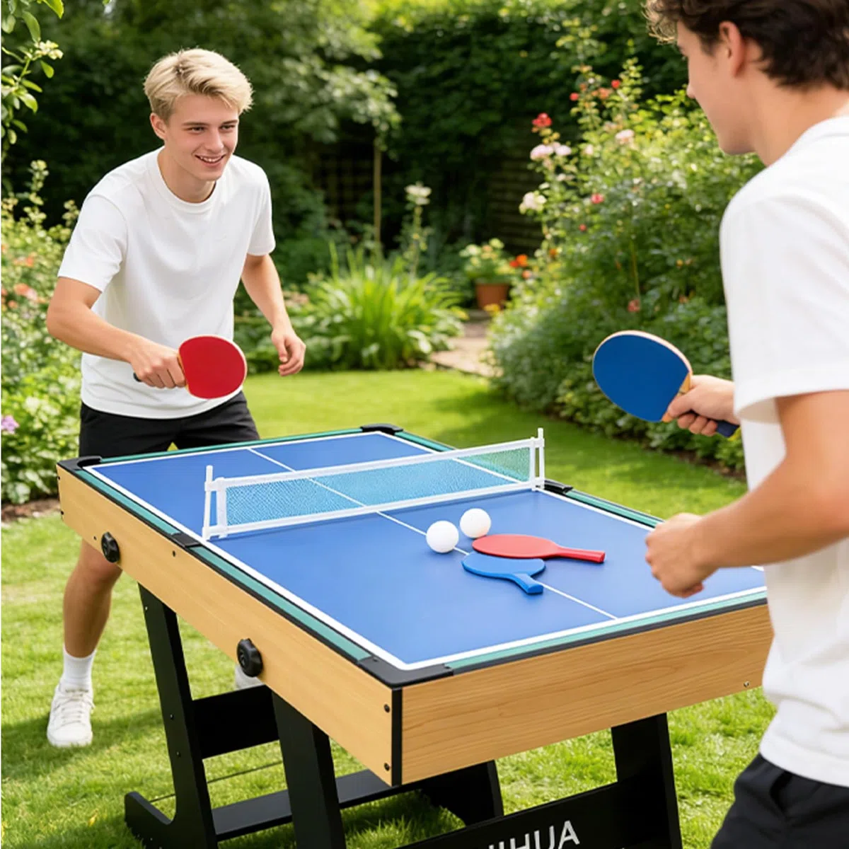 12-in-1 Multi Spieltisch, Kicker Multigame Klappbar mit Tischfußball, Billardtisch, Tischtennis, Hockey, Shuffleboard, Bowling, Schach, Dame, Backgammon und Poker samt sämtlichem Zubehör