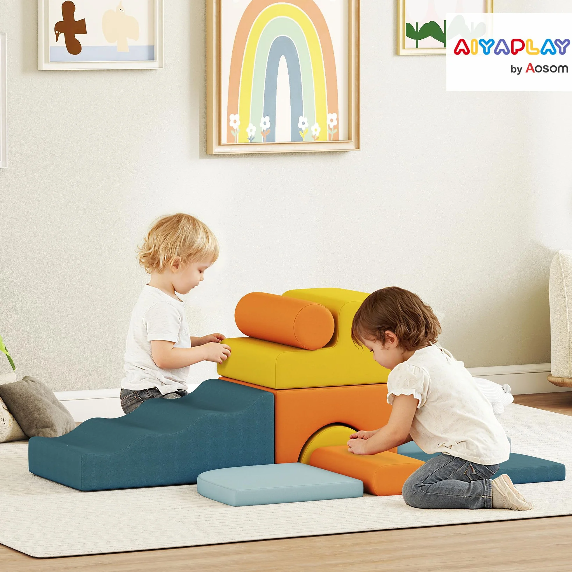 AIYAPLAY Schaumstoff Bausteine 9-TLG. Kinder Softbausteine Bausteinset mit abnehmbarem Bezug Klettern Großbausteine mit Cord-Optik Bauklötze Bunt