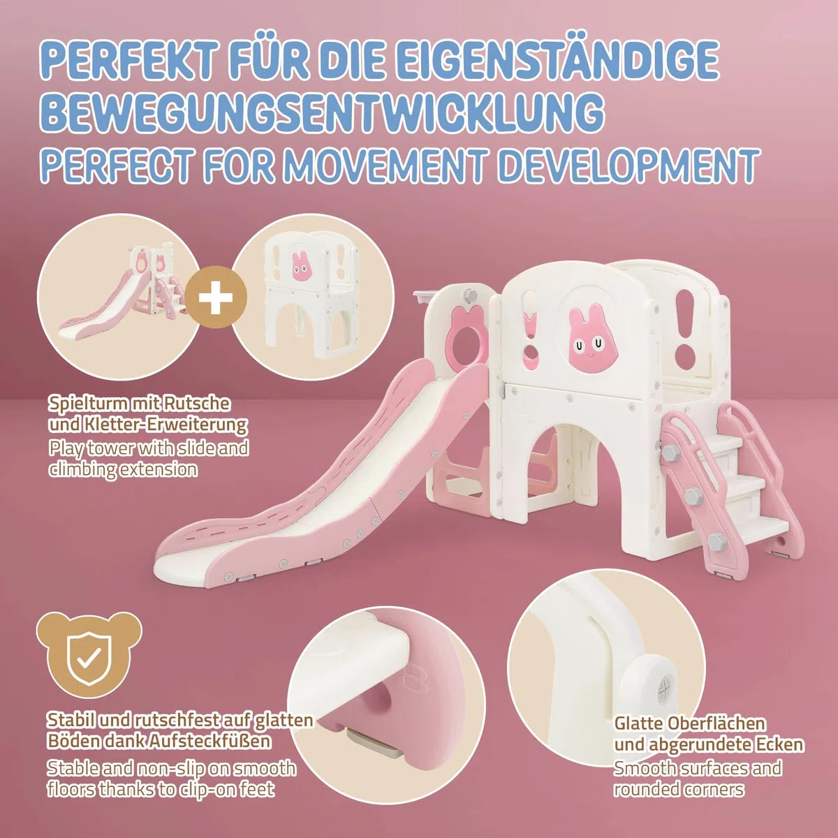 Joyz Kinderrutsche mit Spielturm, 5 in 1 Kinder Spielplatz mit Turm Rutsche Treppe Basketballkorb Teleskop, Spielset Klettergerüst, Spielzeug Indoor Outdoor Spielgerät für Kinder ab 3 Jahren, Rosa
