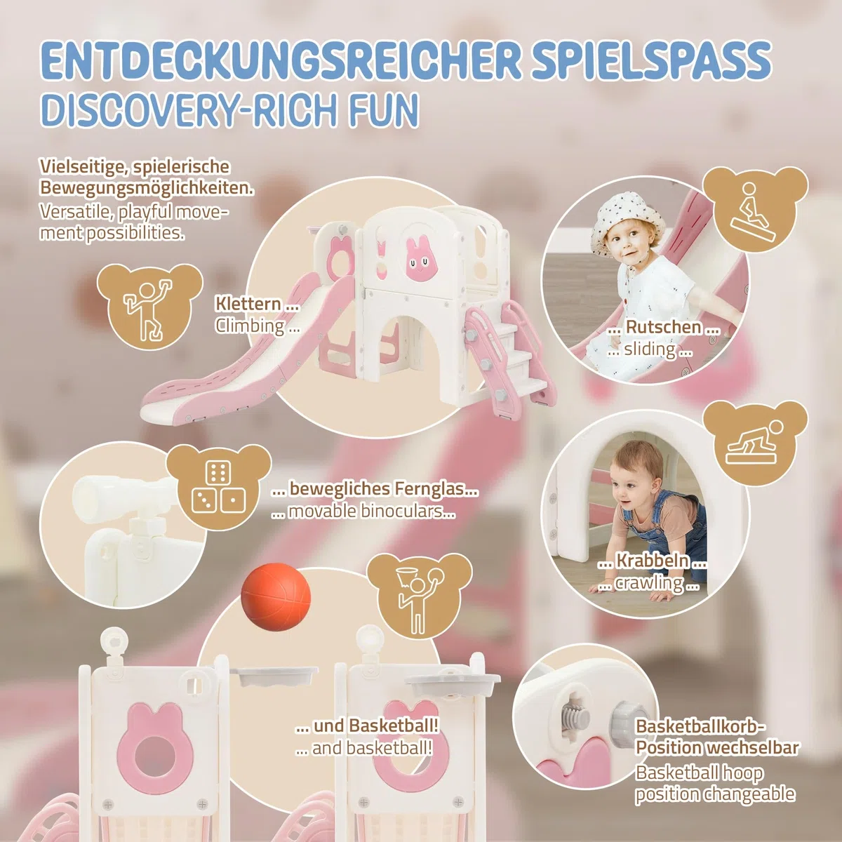 Joyz Kinderrutsche mit Spielturm, 5 in 1 Kinder Spielplatz mit Turm Rutsche Treppe Basketballkorb Teleskop, Spielset Klettergerüst, Spielzeug Indoor Outdoor Spielgerät für Kinder ab 3 Jahren, Rosa