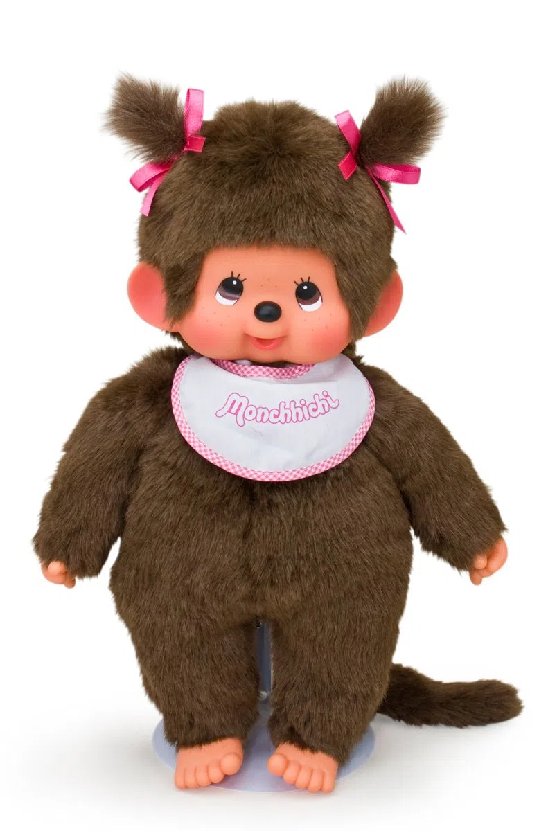 Sekiguchi Monchhichi Mädchen Plüschfigur 45 cm braun weiß-pink Latz Zöpfen Schleifen