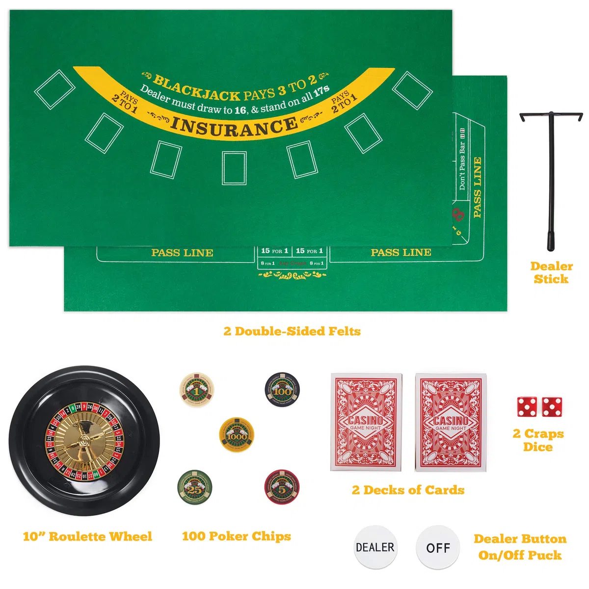 Brybelly Casino Night 4-in-1 Komplettes Spielset mit Filz, Rad, 100 Chips, Würfel & Karten für Blackjack, Craps, Roulette & Texas Hold'em - Grüner Filz Doppelseitige Casino Tischplatte Gamingmatte