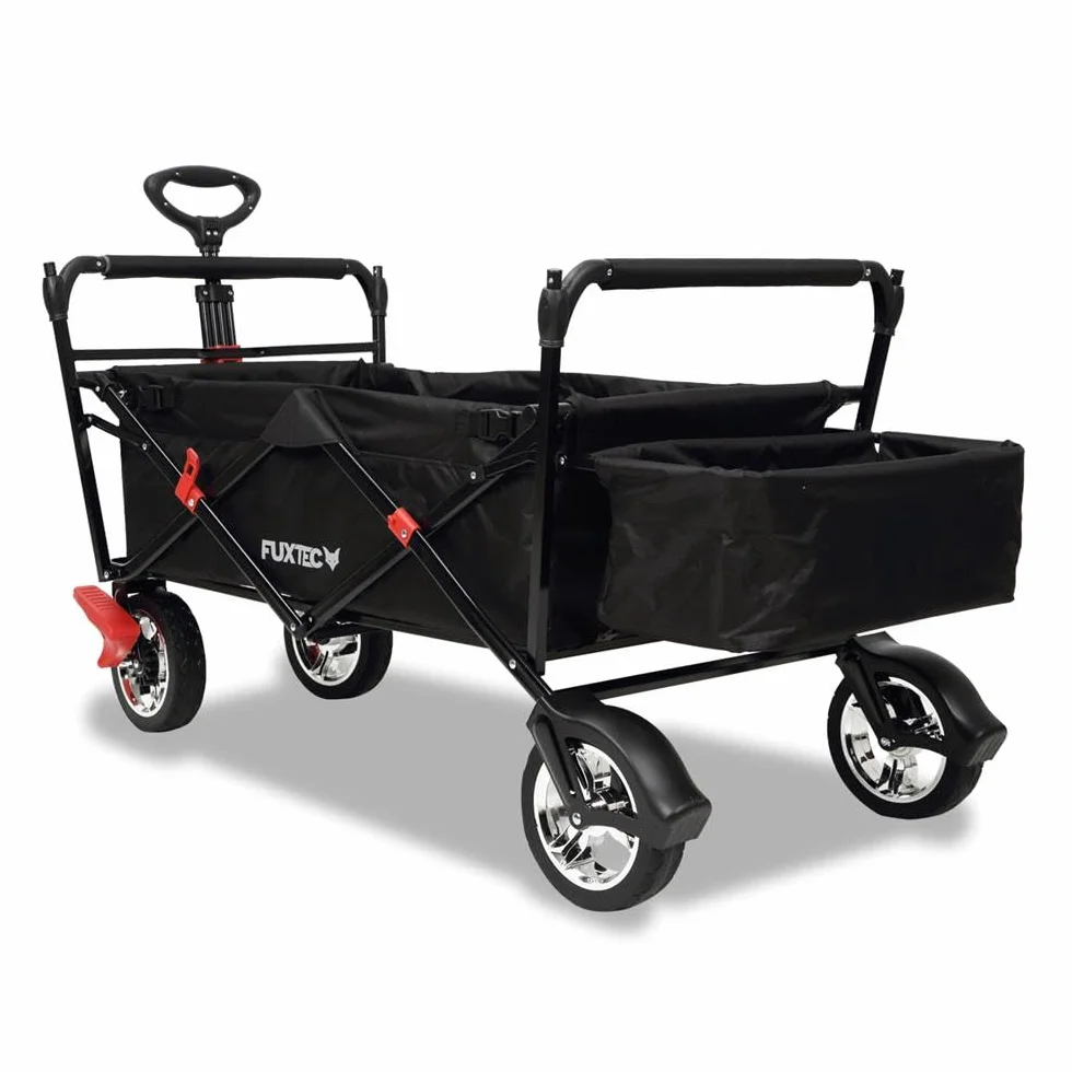 FUXTEC Bollerwagen faltbar FX-CT500 Schwarz mit Dach - Transportwagen klappbar | inkl. Hecktasche & verstellbarer Ziehstange | Feststellbremse | Vollprofilreifen | Handwagen/Leiterwagen – Das Original