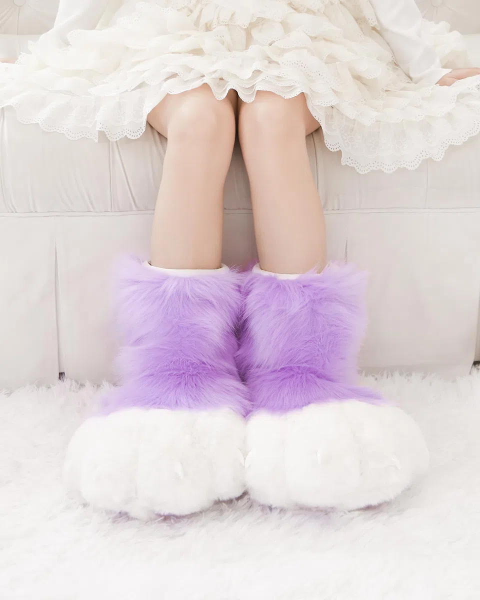 Cosplay Tierkatze Kunststoffkrallen für Fursuit Füße Pfotenschuhe Pelzige Pfotenpantoffeln Erwachsene Kostüm Zubehör Set (Purple)