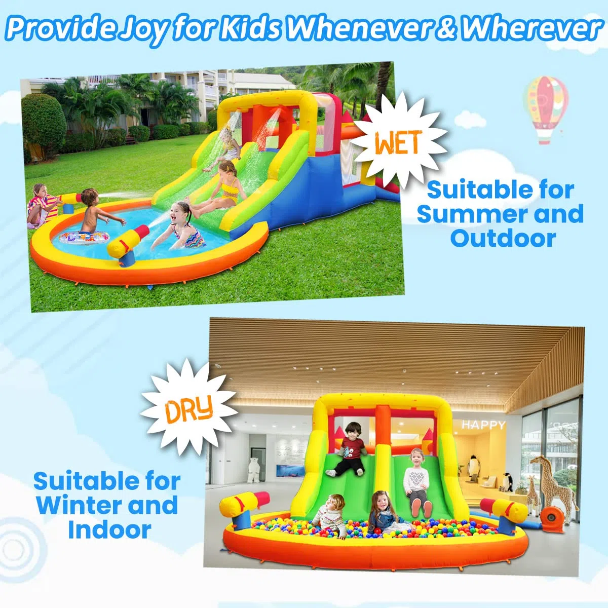 Baralir Große Aufblasbare Kinder-Hüpfburg mit Nass- und Trockenrutsche, Abenteuerspielplatz für den Garten, Hält bis zu 5 Kinder/200KG (ohne Gebläse) 6.28L x 2.93W x 1.95H m