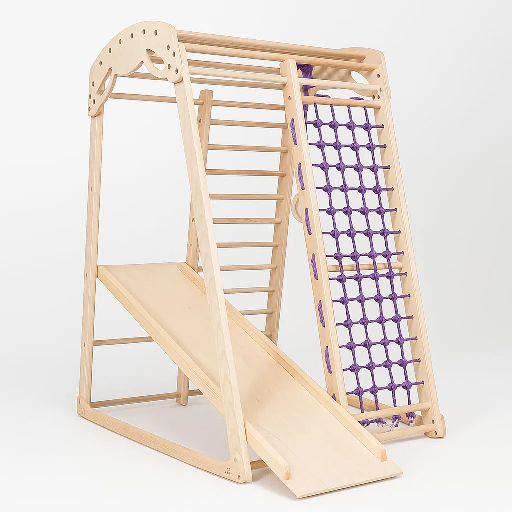 Kinder zu Hause aus Holz Spielplatz mit Rutschbahn ˝Junior-Lak˝ Kletternetz Ringe Kletterwand