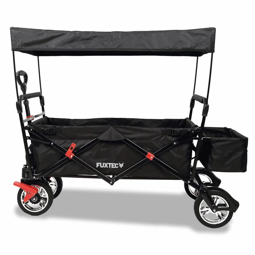 FUXTEC Bollerwagen faltbar FX-CT500 Schwarz mit Dach - Transportwagen klappbar | inkl. Hecktasche & verstellbarer Ziehstange | Feststellbremse | Vollprofilreifen | Handwagen/Leiterwagen – Das Original