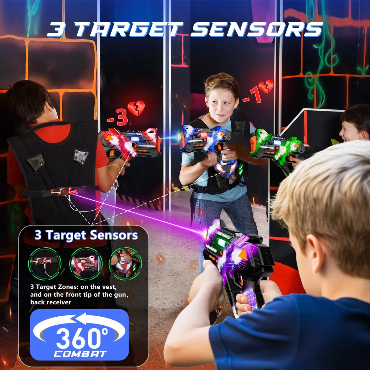 Wiederaufladbare Laser Tag 360° Kämpfen - 2.4GHz Data SYNC Display Laser Tag mit Weste und Rücken Ziel 4 Spieler,Infrarot Laser Tag Spiel für drinnen und draußen für Kinder Teen Alter 6-12+ Jahre alt