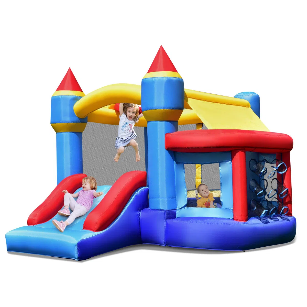 COSTWAY Kinder aufblasbare Hüpfburg, Hüpfburg mit Rutsche, Ballgrube, Reparaturflicken, Aufbewahrungstasche, Kinder-Hüpfburg für Hinterhof, Indoor & Outdoor-Einsatz 270x240x196cm