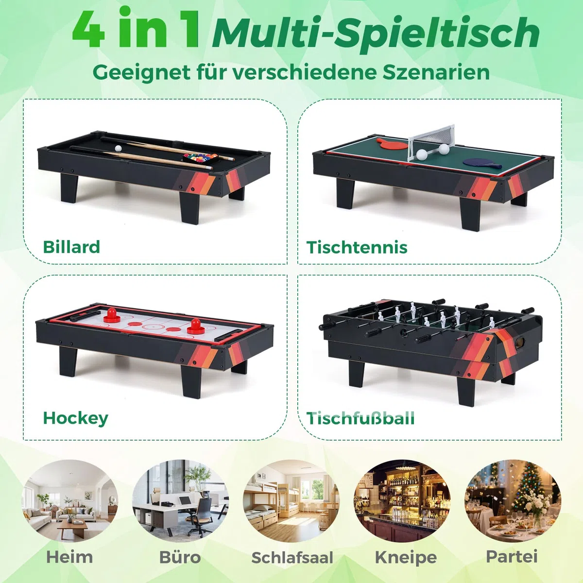 COSTWAY 4 in 1 Spieltisch, Tischkicker & Billard & Air Hockey & Tischtennis, Multifunktionstisch aus Holz, Tischfußball für Spielzimmer, Bars, Kickertisch für Kinder, Erwachsene