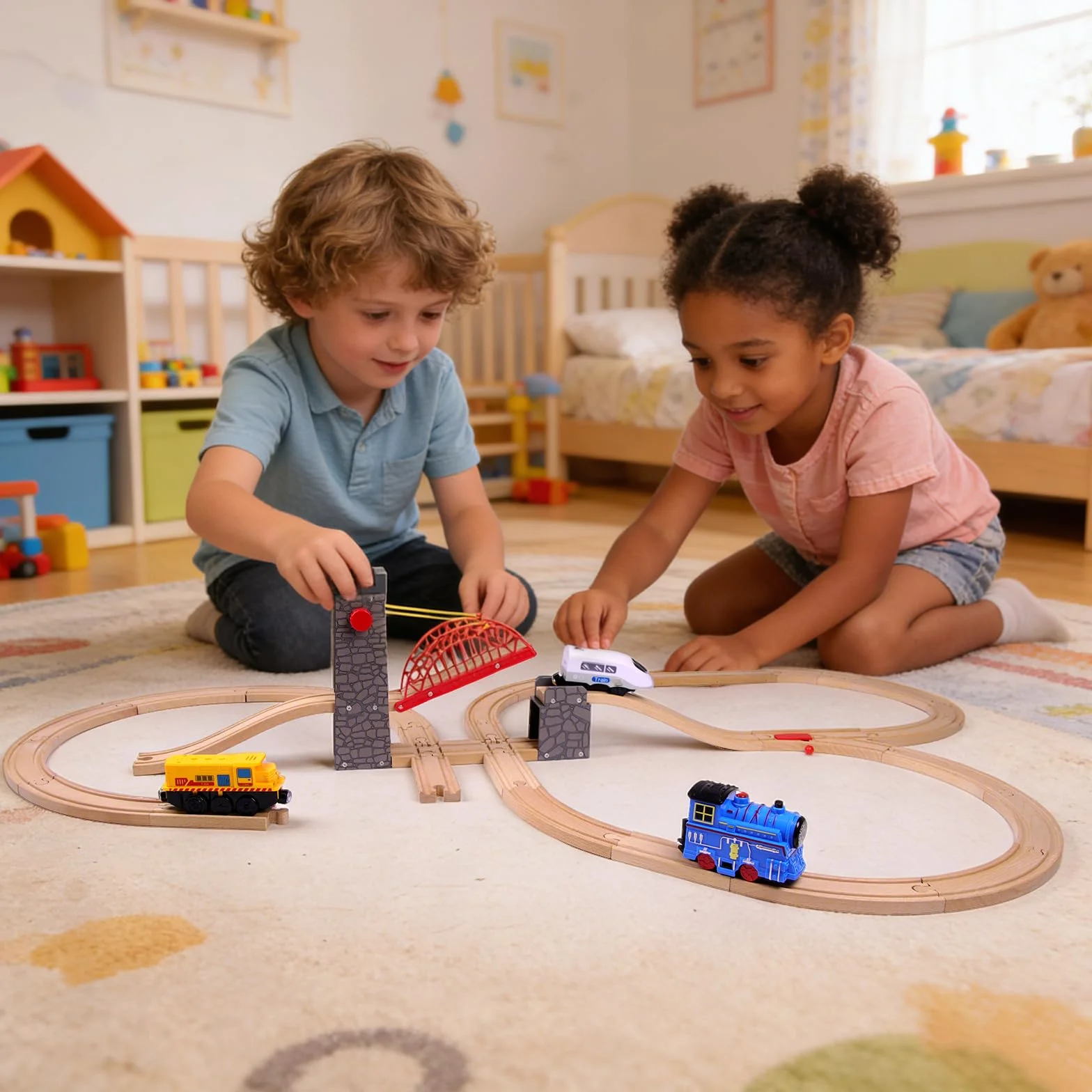 Hebebrücke für Holzeisenbahn, kompatibel mit Allen gängigen Holzeisenbahn-Systemen, Holzschienen-Zubehör, für Kinder ab 3 Jahren