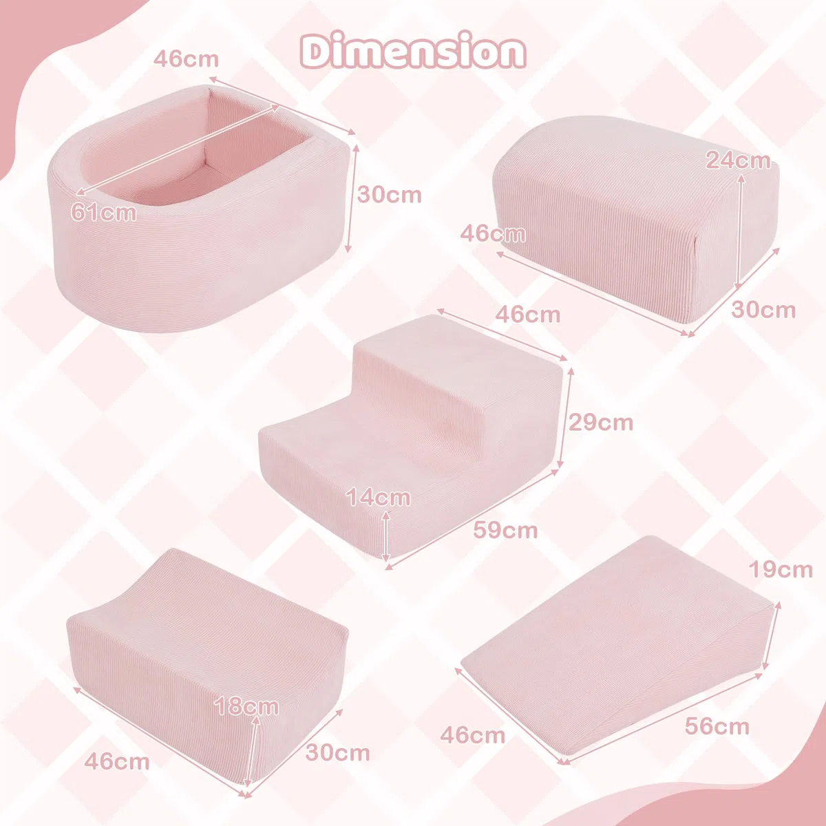 FANTASK 5-teilige Schaumstoffbausteine XXL, Riesen Kletterblöcke mit Bällebad, Großbausteine zum Toben & Klettern, Soft Spielbausteine für Zuhause, Kinderzimmer & Spielzimmer (Rosa, Cordstoff)