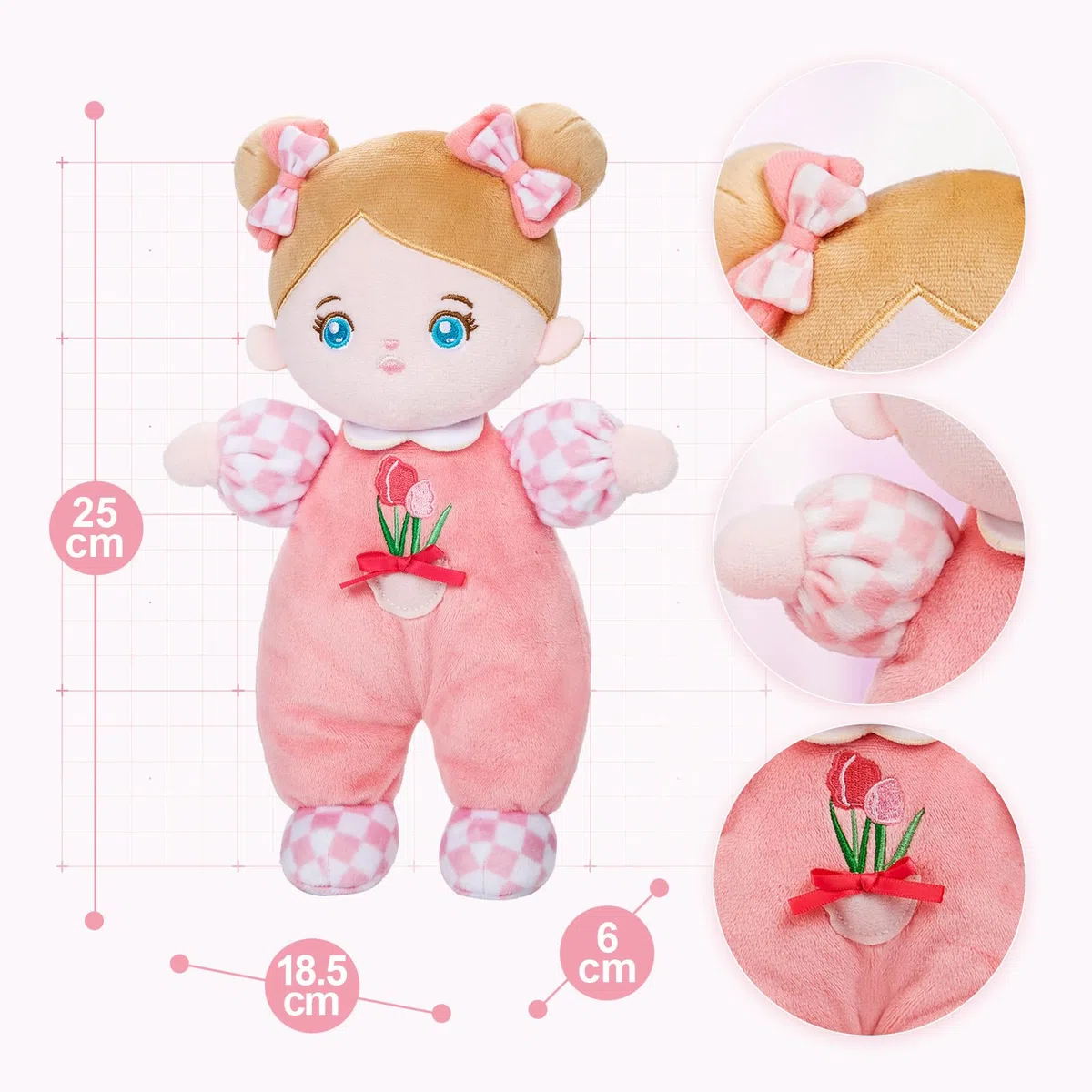 OUOZZZ Baby Puppe, Weiche Stoffpuppe mit Kleidung, Rosa Tulpe Mini-Puppe Kuschelpuppe für Kinder ab 3 Monaten - Baby Geschenk zur Geburt Mädchen Jungen, 25cm