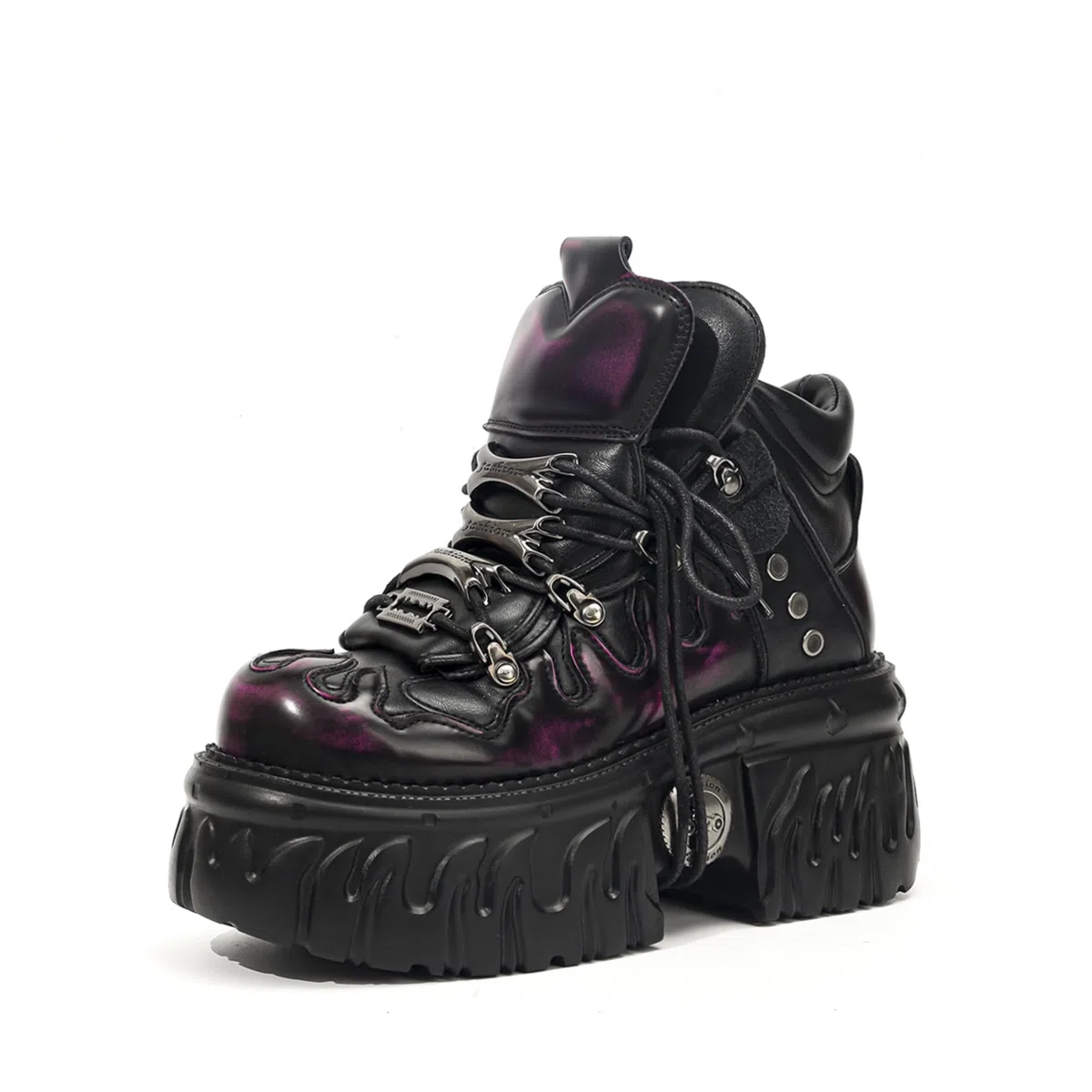 Punk Rock Heavy Metal Plateauschuhe Damen, Gothic Schnürstiefeletten mit Flammen-Design Chunky Plattform Metall Details