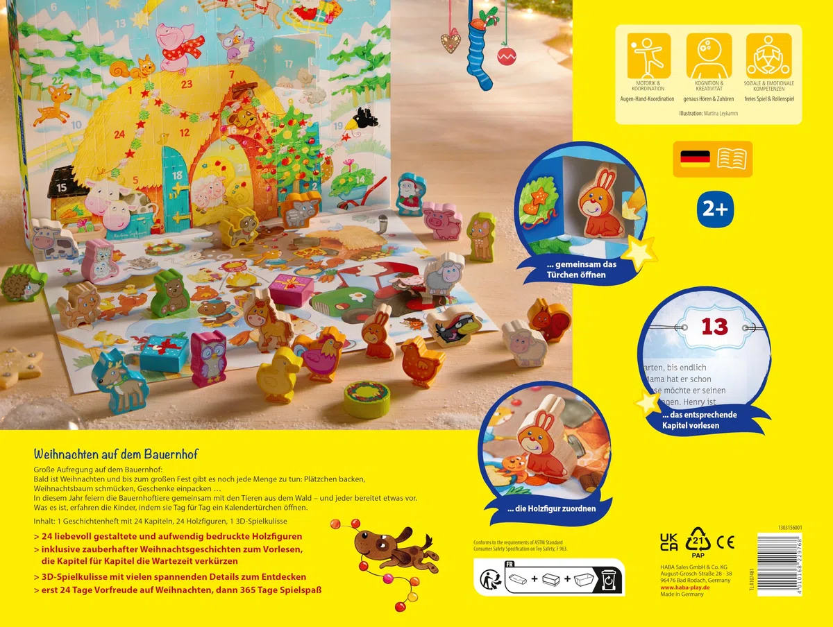 HABA Adventskalender – Weihnachten auf dem Bauernhof – 3D-Spielkulisse mit 24 liebevollen Holzfiguren – Weihnachtskalender für Kinder ab 2 Jahren – 1303156001