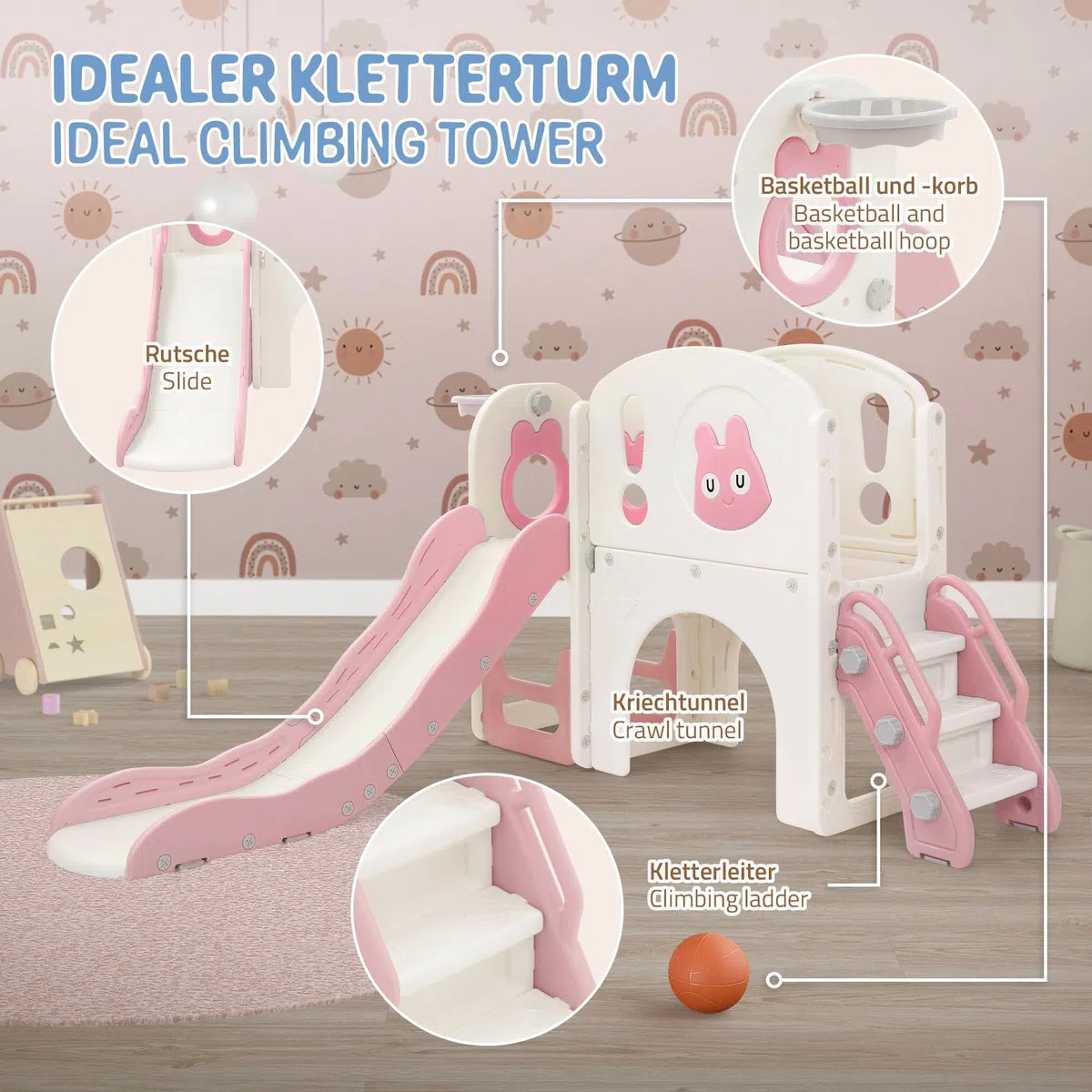 Joyz Kinderrutsche mit Spielturm, 5 in 1 Kinder Spielplatz mit Turm Rutsche Treppe Basketballkorb Teleskop, Spielset Klettergerüst, Spielzeug Indoor Outdoor Spielgerät für Kinder ab 3 Jahren, Rosa
