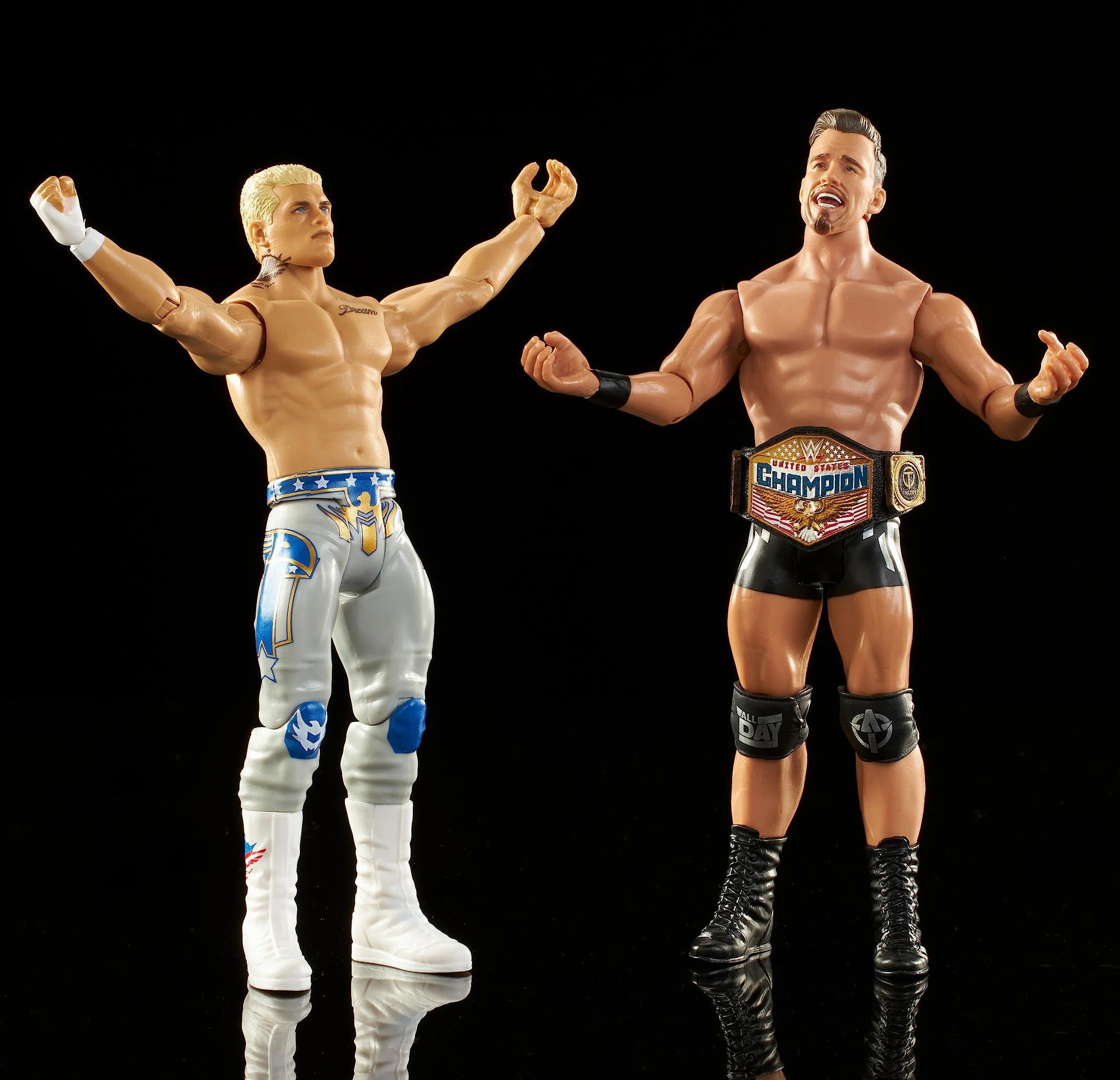 Mattel WWE Moontex Ford vs Angelo Dawkins Championship Showdown Actionfigur, 2er-Pack mit The Street Profits Championship, 15,2 cm