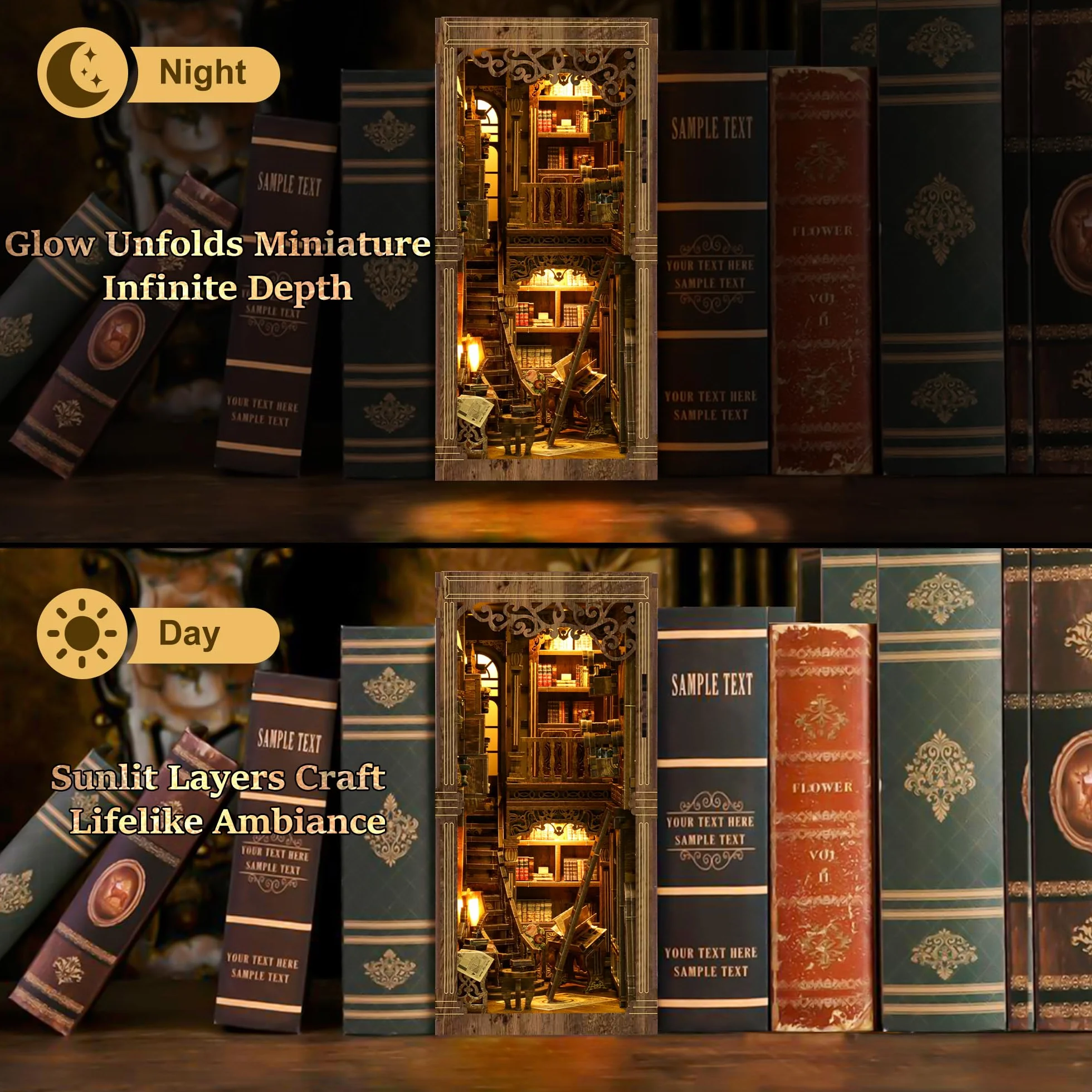 Book Nook Kit für Erwachsene - CRIOLPO DIY Miniatur Haus Holzpuzzle 3D Puppenhaus - Buchstütze für Bücherregal Deko mit Led Licht Kreatives Geschenk für Leser