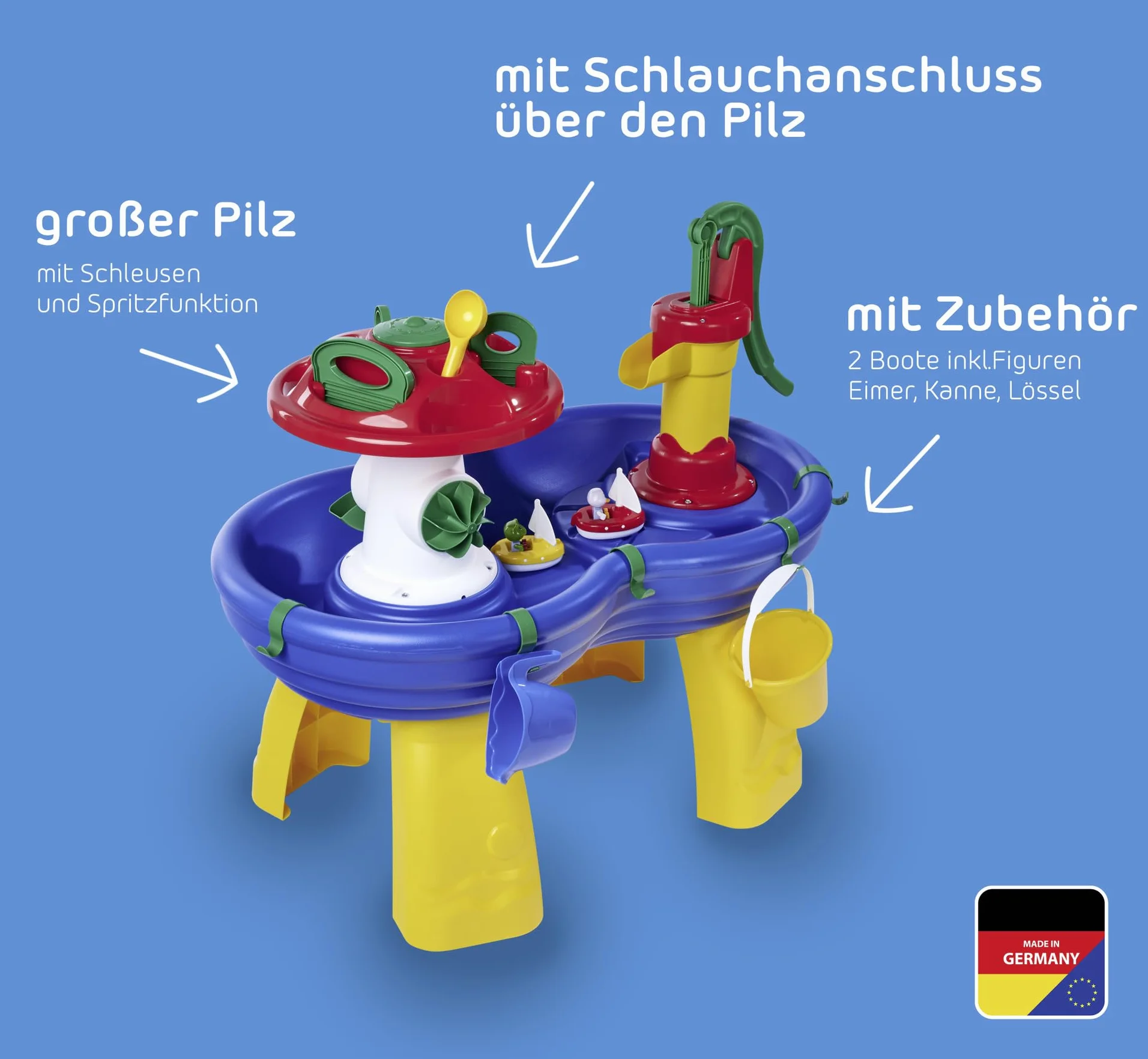 AquaPlay Wassertisch - großes Outdoor-Wasserspiel (100 x 58 x 90 cm) für Kinder ab 3 Jahre, Wasserspielzeug mit Handpumpe, Schlauchanschluss, Spritzfunktion und Zubehör