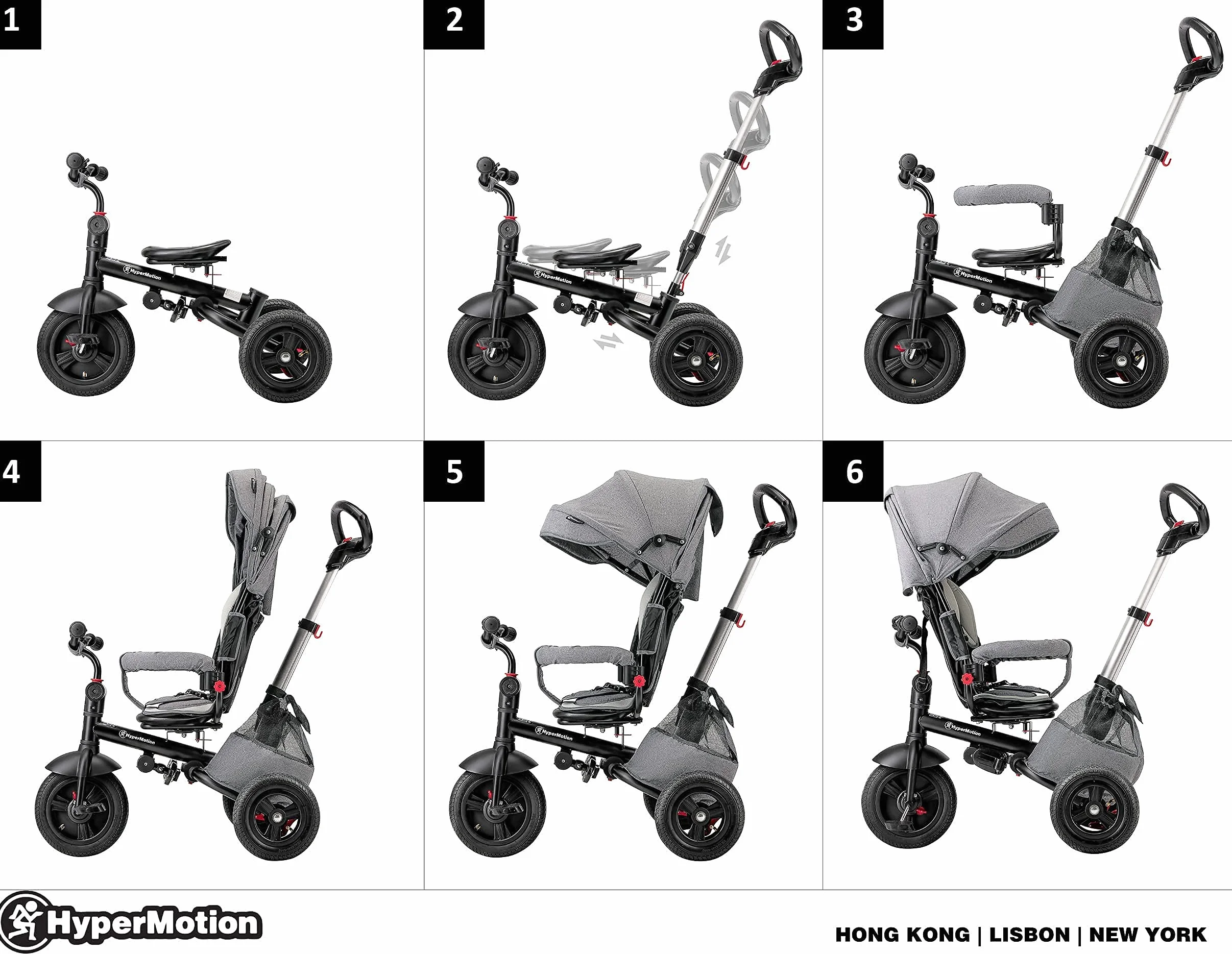 HyperMotion Tobi Velar Dreirad Kinder ab 1 Jahr mit Schubstange - Drehbarer Komfortsitz, Faltbar, Sicherheitsgurte, Gepumpte Räder, Regenmantel & Elterngriff - Grau