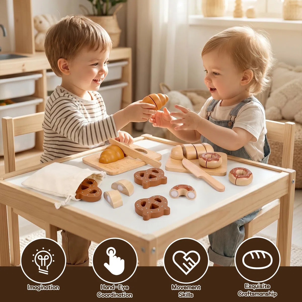 DESPOINA Kinderküche Zubehör, Spielküche Zubehör aus Holz, Frühstück Set Küchenspielzeug Brot Schneiden mit Klettverbindung, ab 3 Jahre Lernspielzeug Rollenspiele Geschenk für Mädchen und Junge