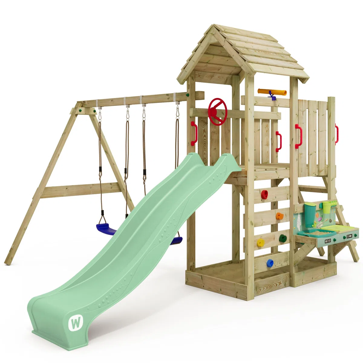 WICKEY Spielturm Klettergerüst MultiFlyer Holzdach mit Schaukel & Rutsche, Kletterturm mit Holzdach, Sandkasten, Leiter & Matschküche - pastellgrün