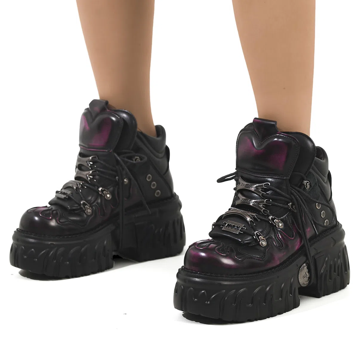 Punk Rock Heavy Metal Plateauschuhe Damen, Gothic Schnürstiefeletten mit Flammen-Design Chunky Plattform Metall Details