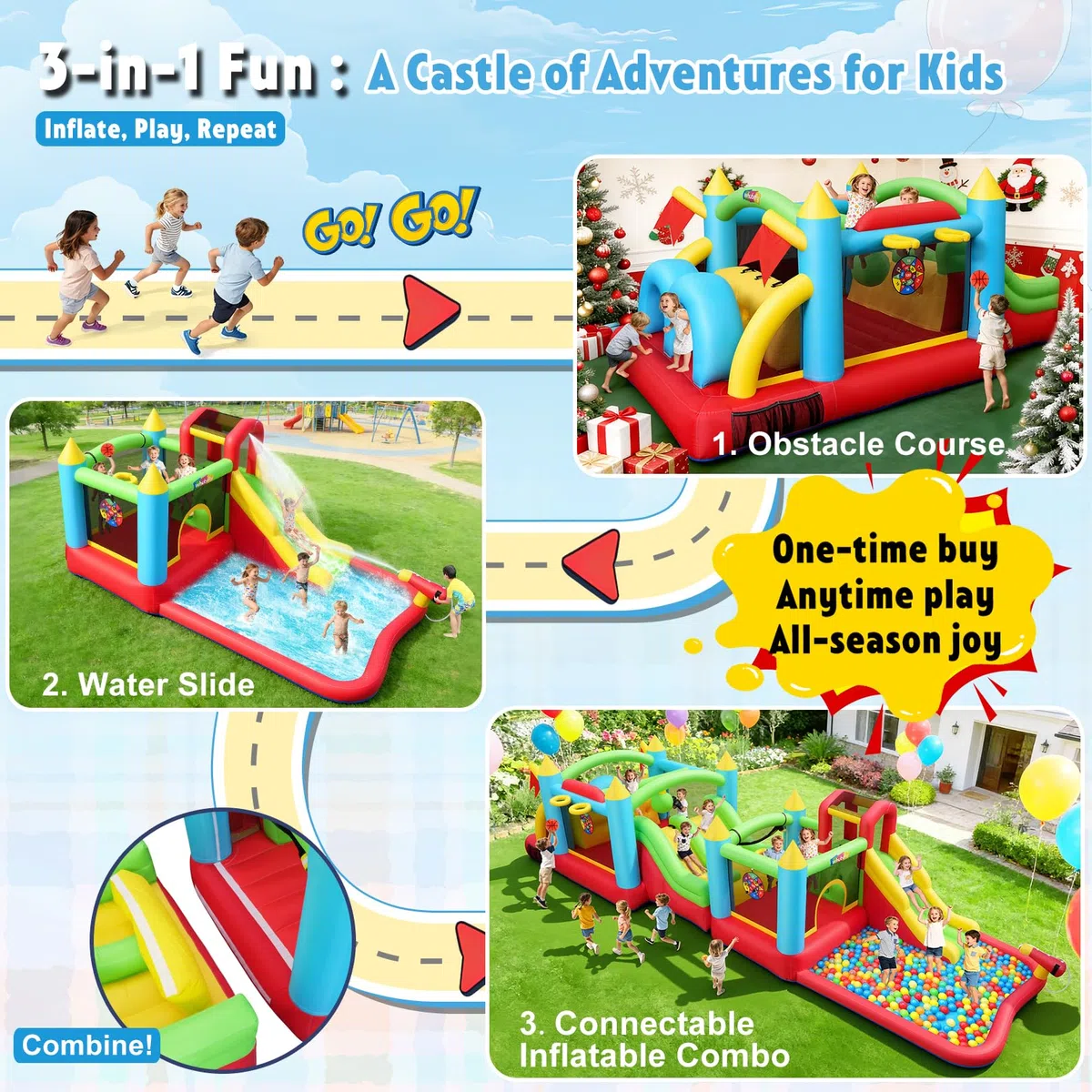 Aufblasbare Wasserrutsche Hüpfburg für Kinder, 2-in-1 Verbindbares Aufblasbares Trampolinburg-Set, Tolles Geschenk für die Gartenparty im Wasserpark, inklusive Gebläse (Verbindbare A)