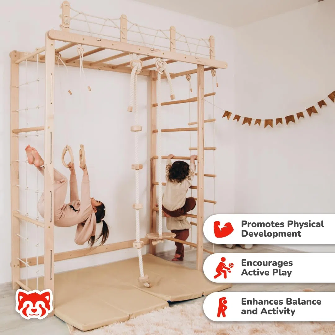 Wood And Hearts Riesige Brücke Schwedische Leiter, sprossenwand, kletterwand kinderzimmer, turnringe, sprossenwand kinderzimmer, Indoor Spielplatz, kletterwand (Natürliche Holzfarbe)