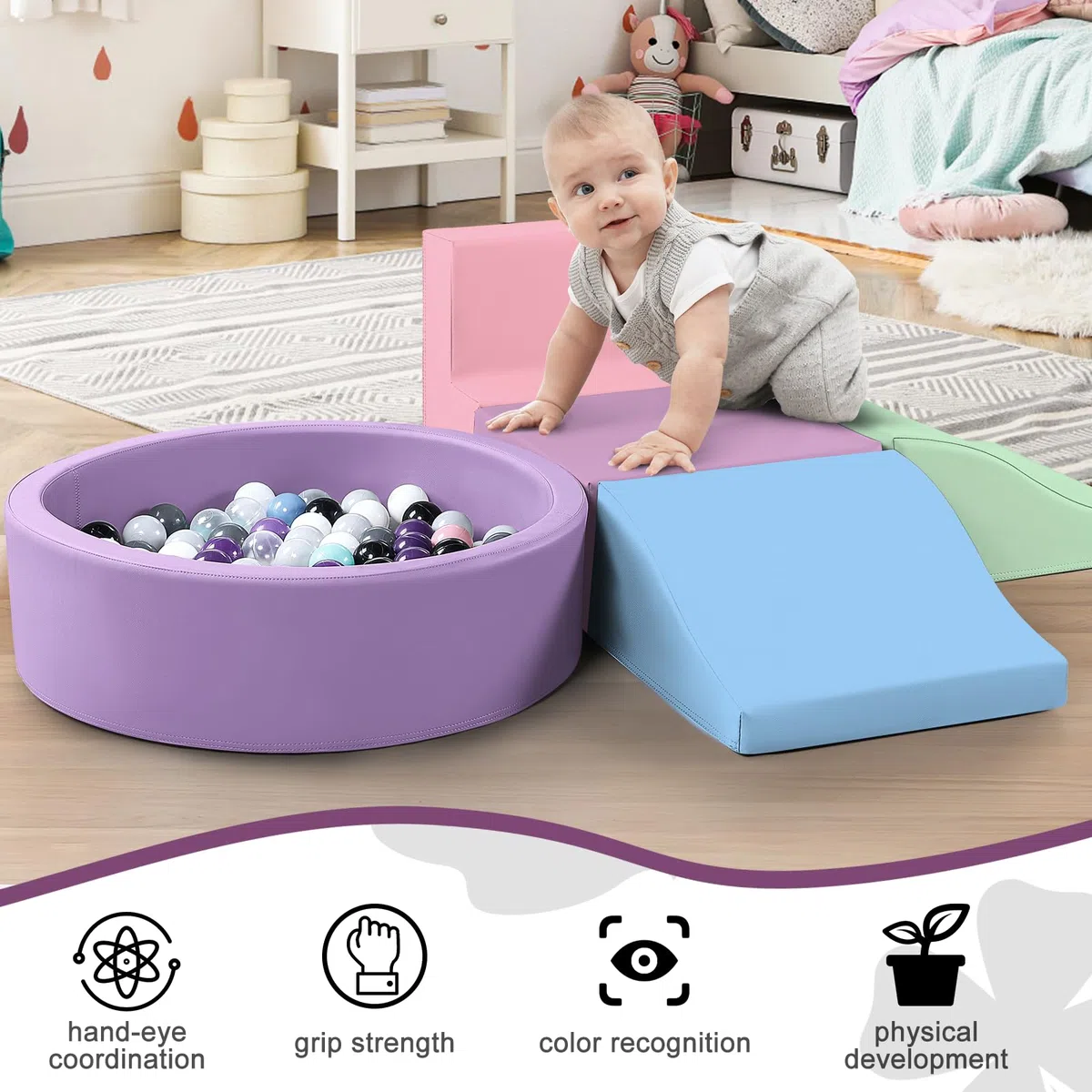 JungleDove Schaumstoff Bausteine Kinder 5-teilig PU-Leder Spielset, Montessori Spielzeug mit Bällebad Baby(ohne Bälle), XXL Schaumstoff Bausteine, EN71-zertifiziert & rutschfest, wasserdicht(Lila)