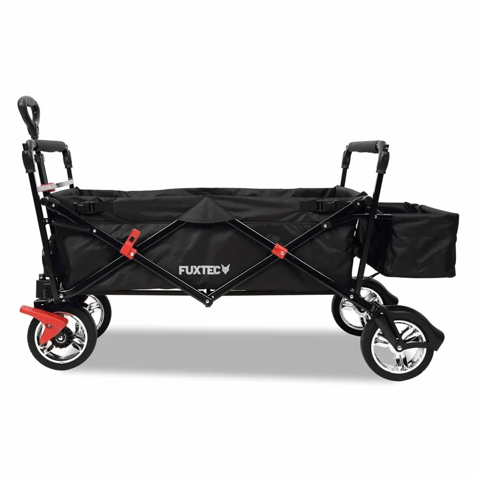 FUXTEC Bollerwagen faltbar FX-CT500 Schwarz mit Dach - Transportwagen klappbar | inkl. Hecktasche & verstellbarer Ziehstange | Feststellbremse | Vollprofilreifen | Handwagen/Leiterwagen – Das Original
