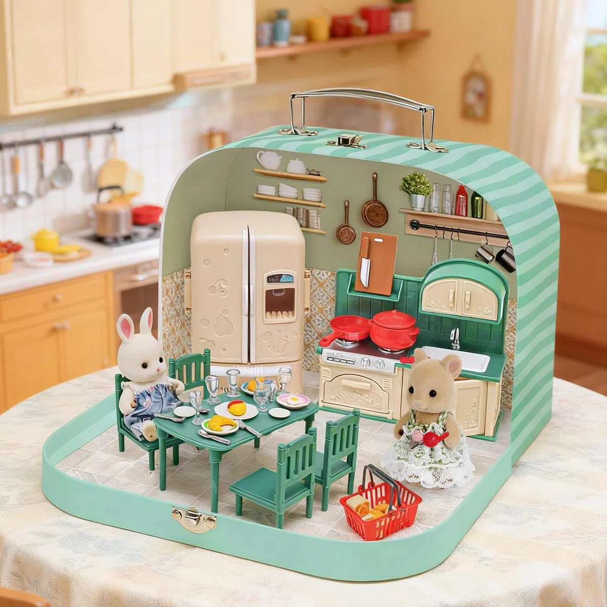 Koffer Dollhouse Tragbares Puppenhaus Möbel Zubehör DIY Miniatur Haus mit 2 Flexible Puppen, Klavier, Schlafzimmer Möbel Rollenspiel Geschenk Spielzeug für Kinder Mädchen Jungen ab 3+ (Küche)