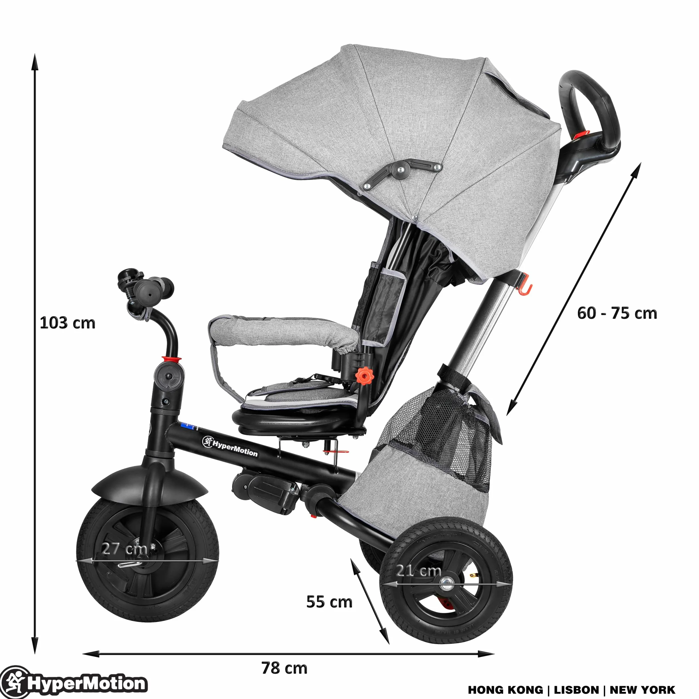HyperMotion Tobi Velar Dreirad Kinder ab 1 Jahr mit Schubstange - Drehbarer Komfortsitz, Faltbar, Sicherheitsgurte, Gepumpte Räder, Regenmantel & Elterngriff - Grau