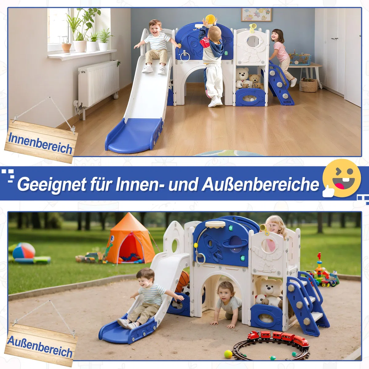 Aufun 5-in-1 Kinderrutsche für Kleinkinder, Multifunktionales Spielset mit Rutsche, Basketballkorb, Tunnel, Stauraum, Kletterleiter, Werkzeugfreie Montage, Stabil Freistehenderutsche Spielzeug