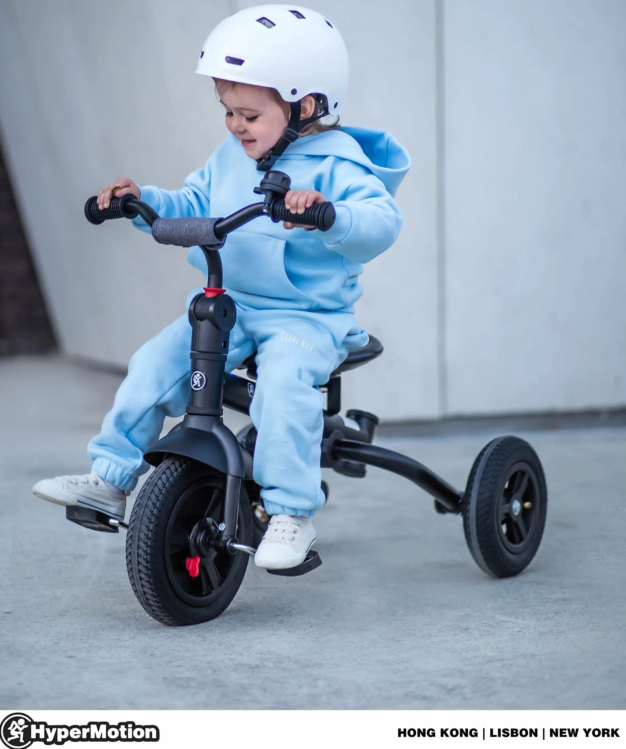 HyperMotion Tobi Velar Dreirad Kinder ab 1 Jahr mit Schubstange - Drehbarer Komfortsitz, Faltbar, Sicherheitsgurte, Gepumpte Räder, Regenmantel & Elterngriff - Grau