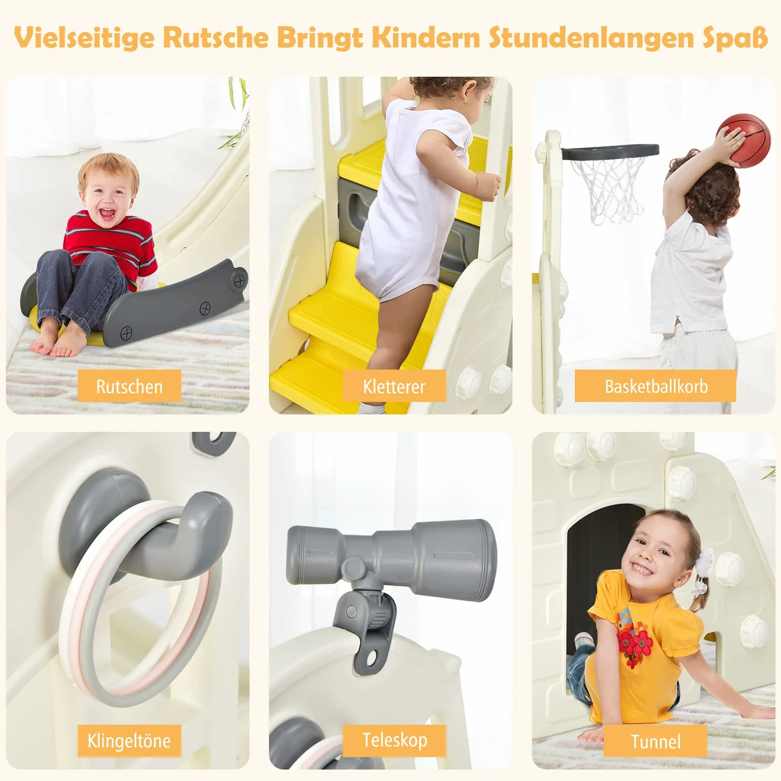 COSTWAY Kinder Rutsche, 6 in 1 Kinderrutsche & Leiter & Basketballkorb & Wurfring & Teleskop & Tunnel, Kinder Spielplatz, Rutsch Indoor Outdoor ab 3 Jahre alt (Gelb)