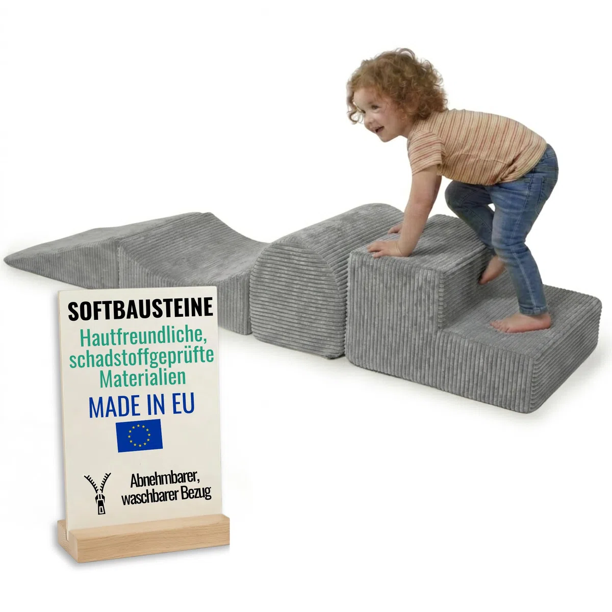 Schaumstoff Bausteine Kinder aus Cord | 4-teiliges Softbausteine Set zum Spielen & Klettern Baby | Schaumstoffbausteine XXL für Motorik & Bewegung | Dunkelgrau