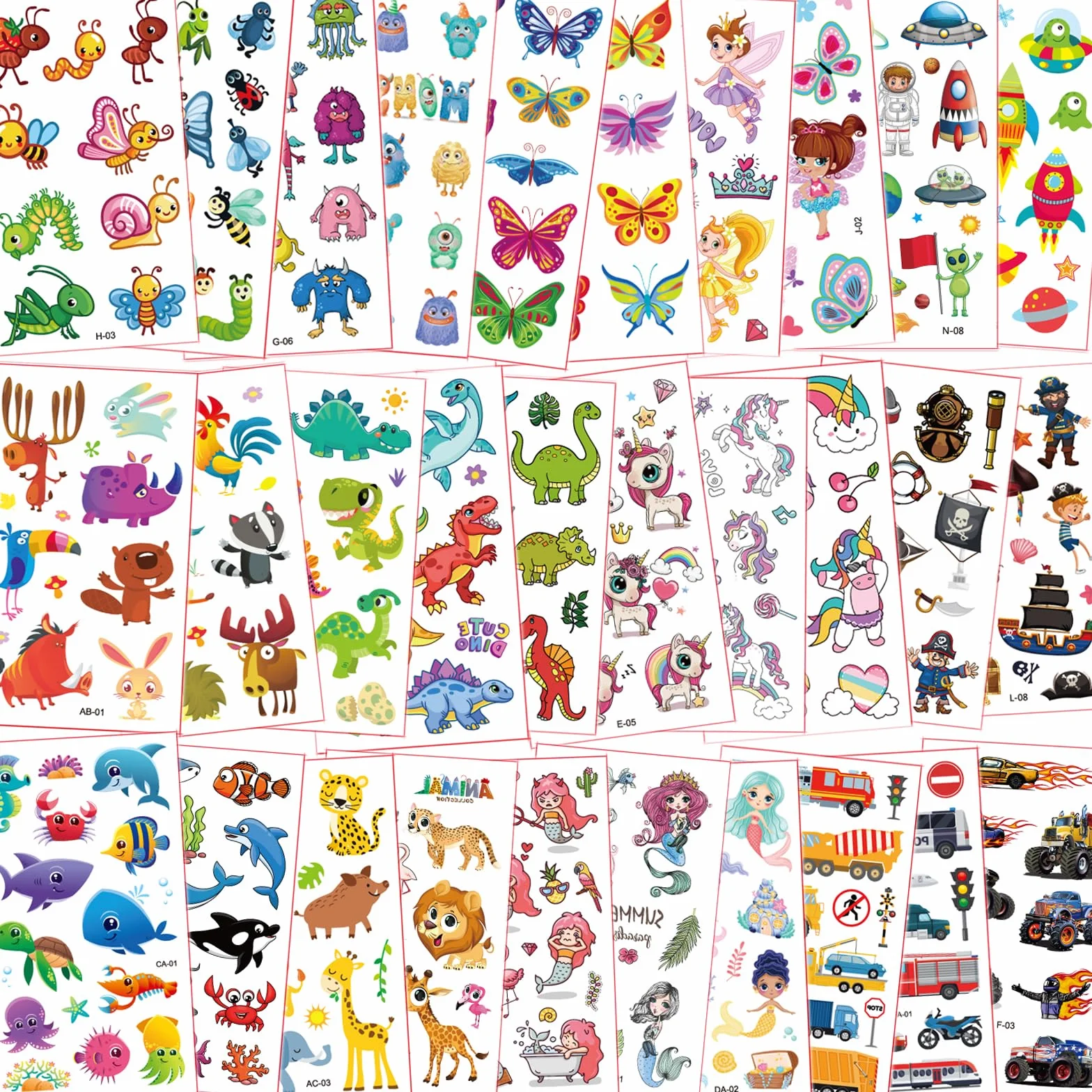 Fhlbestyu 350+ Tattoos für Kinder Set Mädchen und Jungen, 14 Verschiedene Elementmuster Weltraum Dinosaurier Tiere usw. Klebetattoos für Kindergeburtstag Party Mitgebsel Temporäre Kindertattoos
