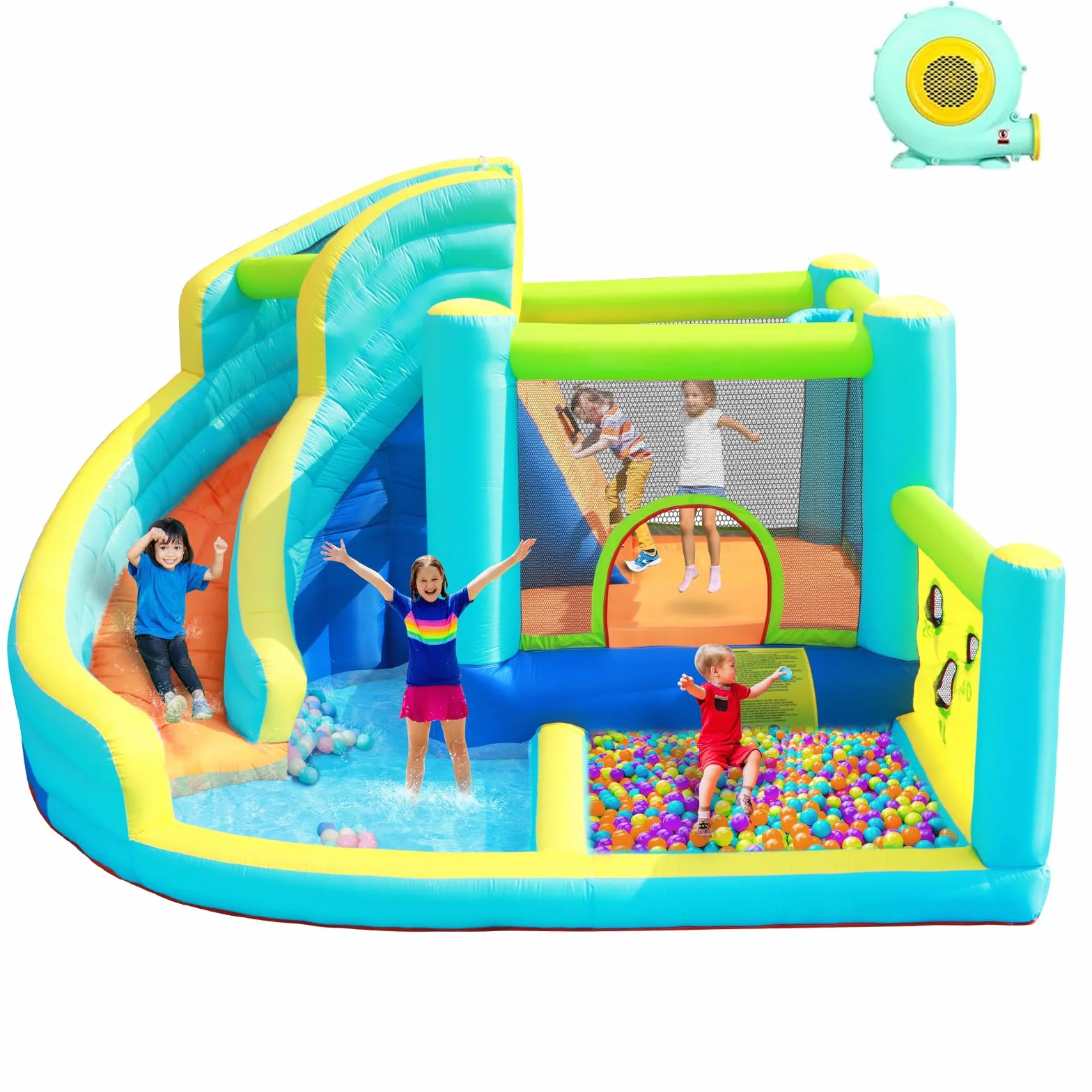 FBSPORT Hüpfburg mit Gebläse, Wasserspielcenter mit Trocken/Wasserrutsche Planschbecken Kletterwand Sprung und Basketballkorb, Groß Hüpfburg for Indoor & Outdoor, Hält bis zu 5 Kinder/180KG