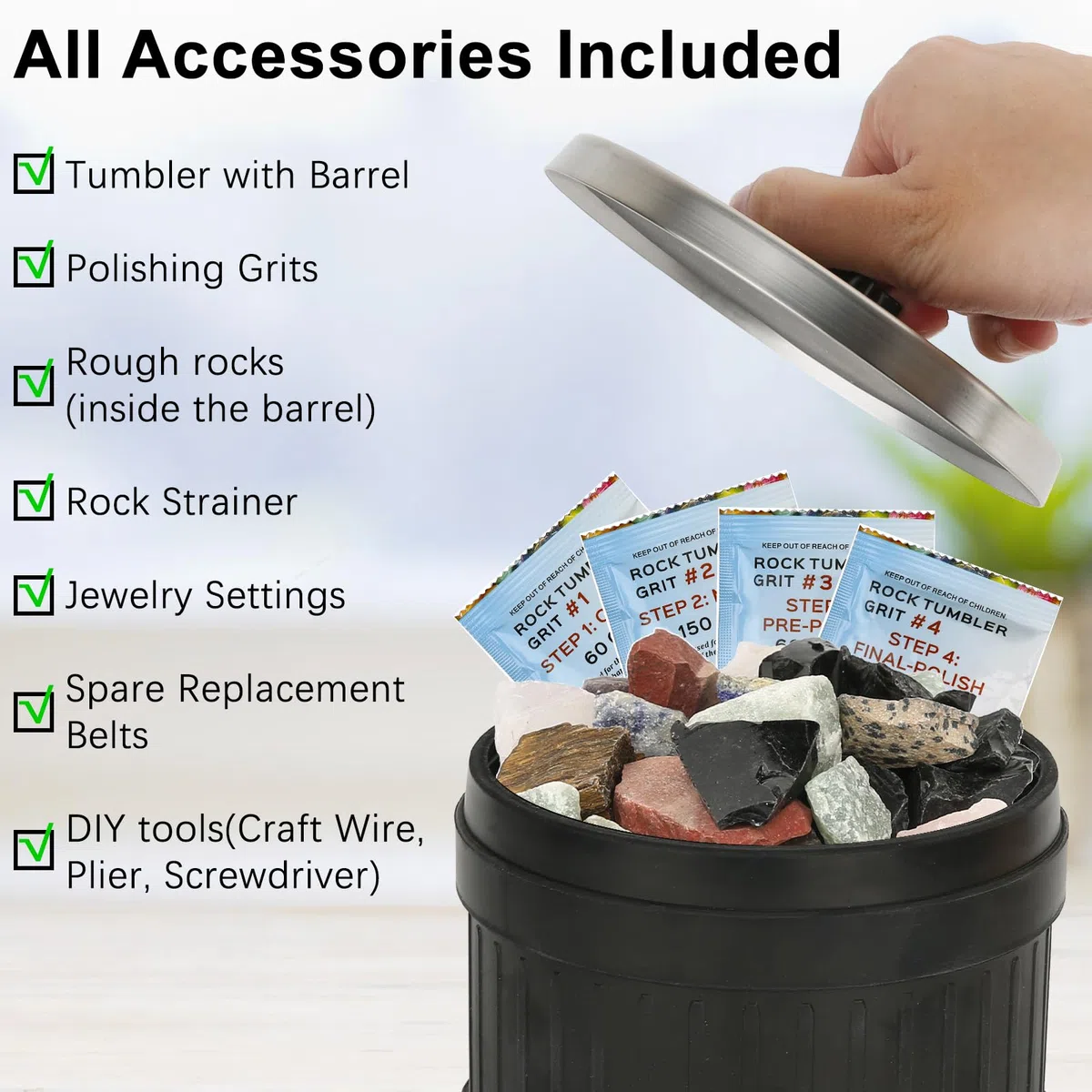 Professionelles Rock-Becher-Set, großes 1,1 kg Barrel Rocks Tumbler-Set, wissenschaftliches Geschenk für Kinder und Erwachsene, 9-Tage-Timer und 3-Gang-Motor, inklusive Steinen, Körnungen und
