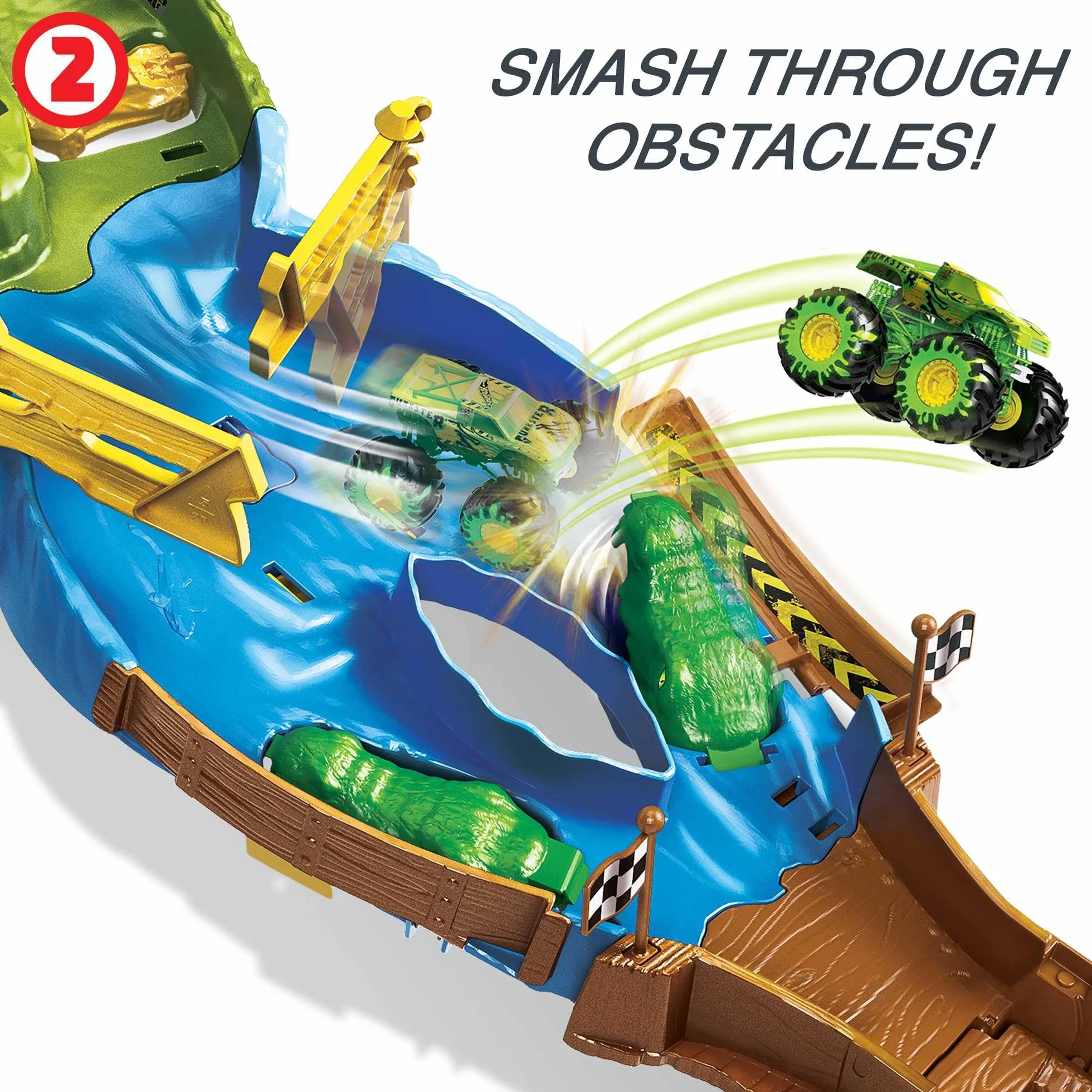 Hot Wheels HJG32 - Monster Trucks Rennstrecke Spielset mit den Monster Trucks Bigfoot und Gunkster für Kopf-an-Kopf-Rennen, Autospielzeuge für Kinder ab 4 Jahren
